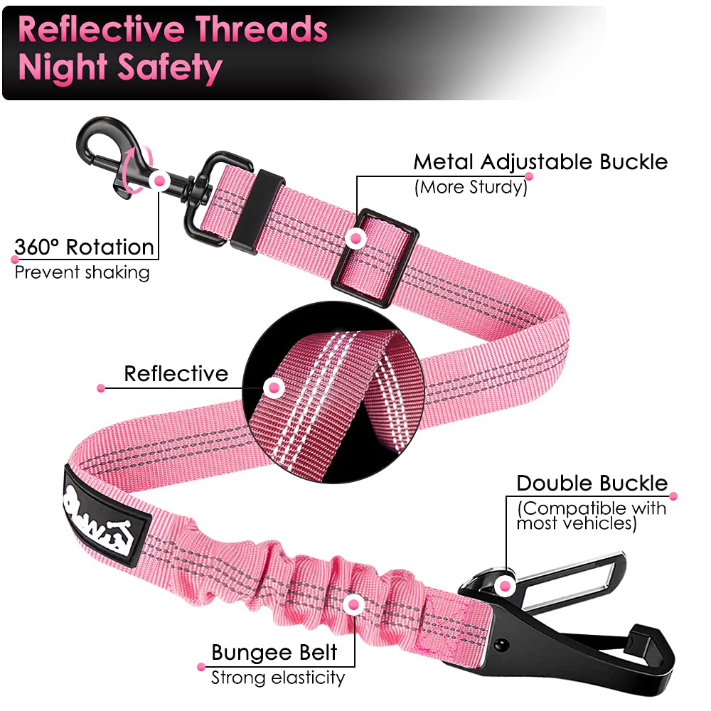 SlowTon Adjustable Dog Seat Belt for Car Safety - 2-in-1 Latch Bar Attachment with Elastic Bungee & Reflective Nylon Leash - Secure Pet Harness Connection (Pink) - Perfect for Road Trips & Daily Commutes