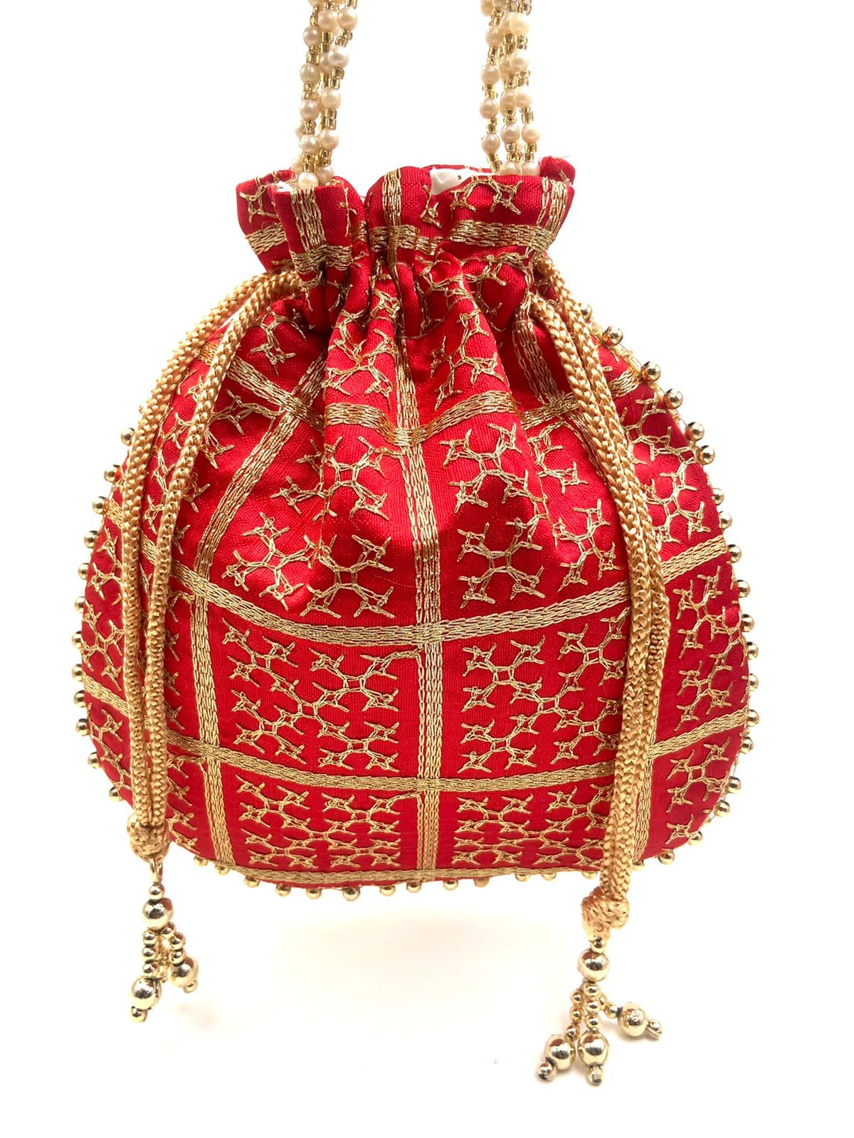 BYRA Women's Designer Embroidered Potli Bag with Pearl Handle - Elegant Clutch Purse for Parties, Weddings & Special Occasions