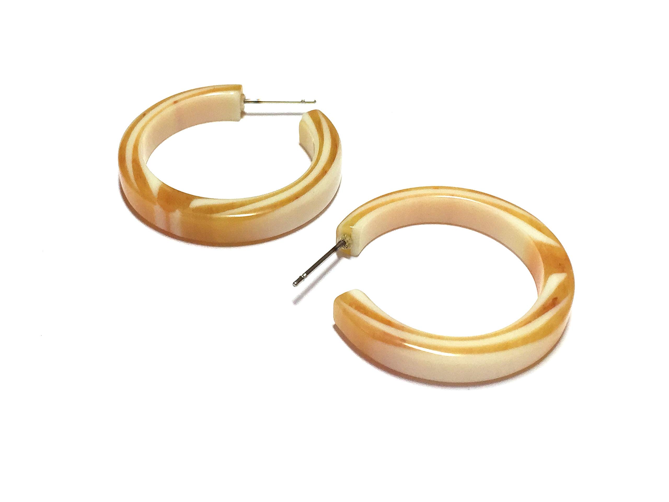 Vintage Yellow and Cream Striped Marbled Lucite Hoop Earrings for Women - Retro 1950s Pin Up Style Jewelry - Perfect for Parties, Weddings & Everyday Wear