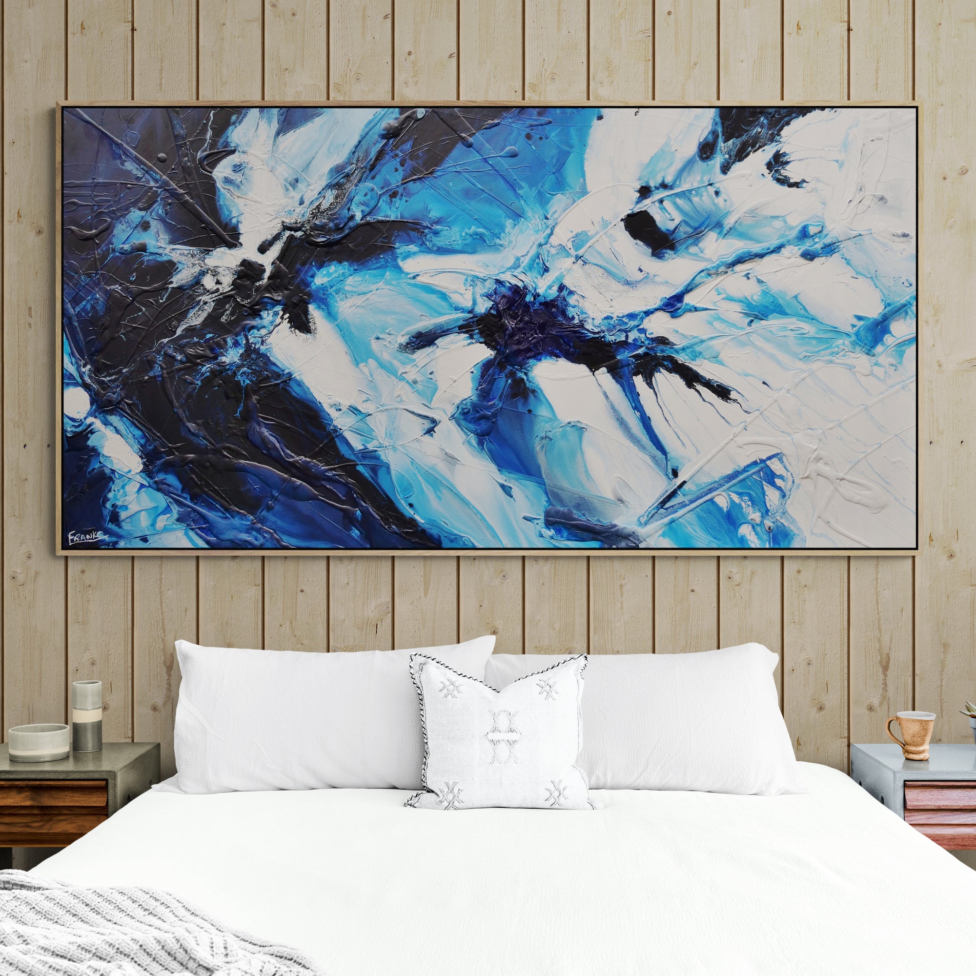 Blue Static 190cm x 100cm Abstract Textured Painting in Blues, White & Black - Perfect for Modern Living Room, Bedroom or Office Wall Decor