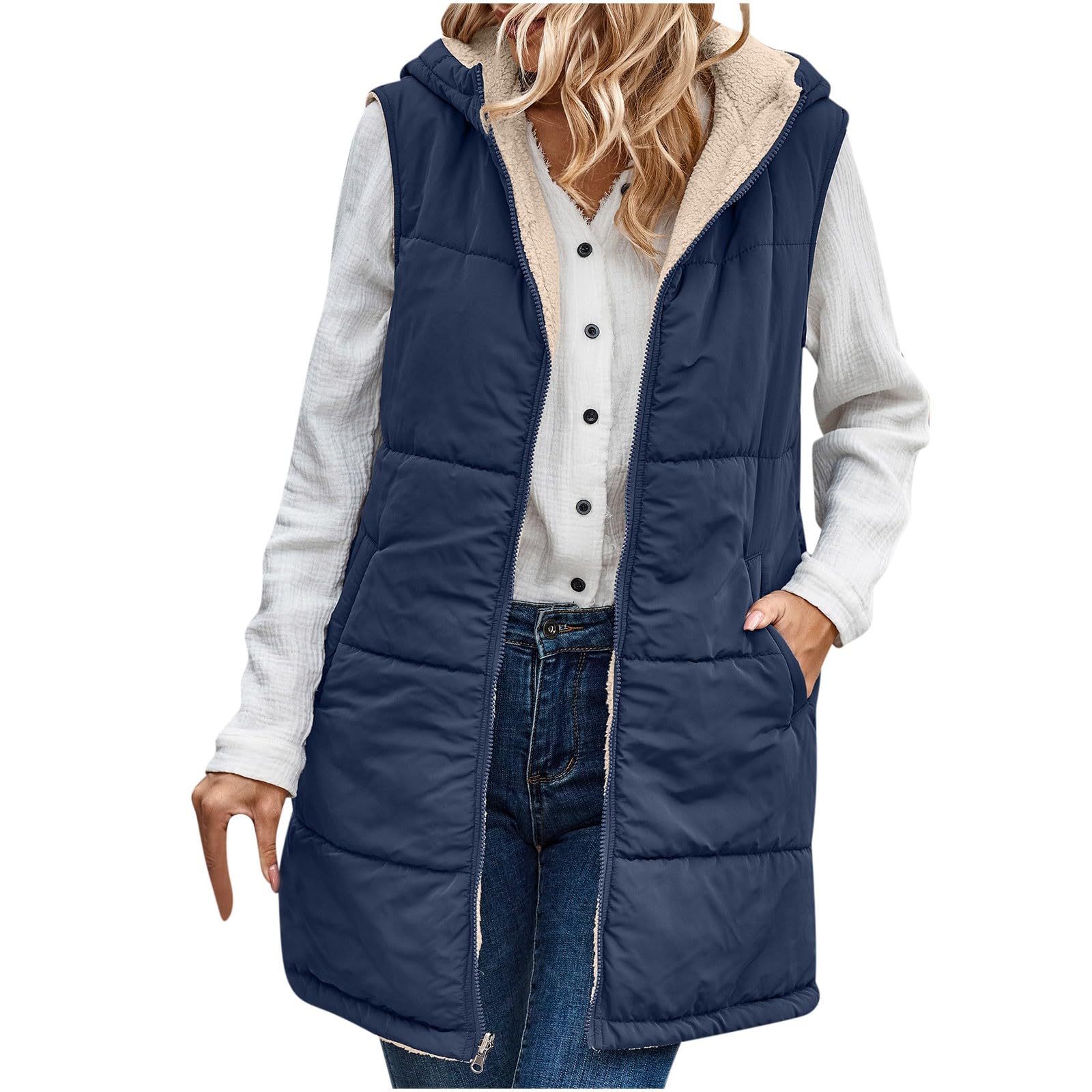 Women's Plus Size Sleeveless Fleece Jacket - Mrat Winter Gilet with Full Zip, Hood & Pockets | Warm Mid-Length Bodywarmer for Outdoor Activities, Work & Casual Wear | Solid Color Two-Sided Winter Coat Clearance