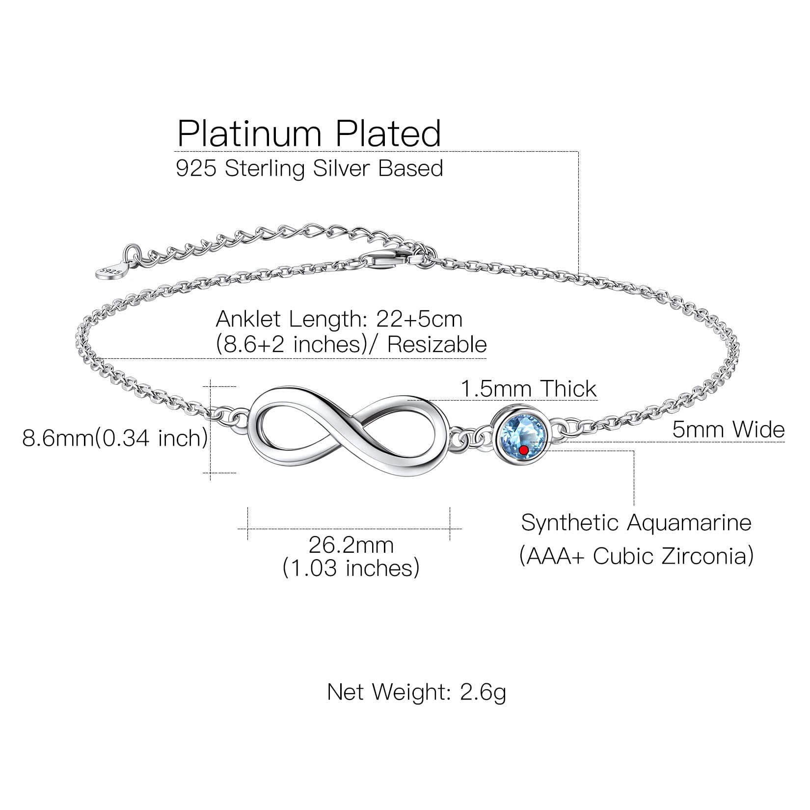 Suplight 925 Sterling Silver Infinity Birthstone Anklet - Dainty Crystal Foot Chain Bracelet for Women with Gift Box | Perfect for Birthdays, Anniversaries & Everyday Elegant Wear