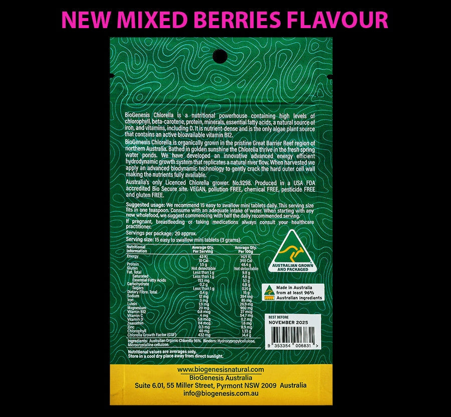 Biogenesis Australian Organic Chlorella 300 Mini 200mg Tablets - Mixed Berries Flavor Sachet | Premium Superfood Supplement for Detox, Immunity & Energy Boost | Perfect for Smoothies, Shakes & Daily Wellness Routine