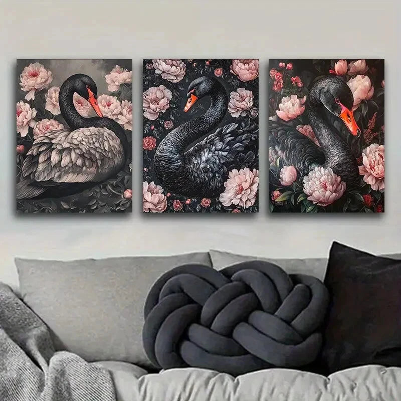 3PCS Elegant Black Swan Metal Wall Art Prints - Ready to Hang Home Decor for Living Room, Bedroom & Office - Modern Canvas Painting for Housewarming Gifts & Interior Design