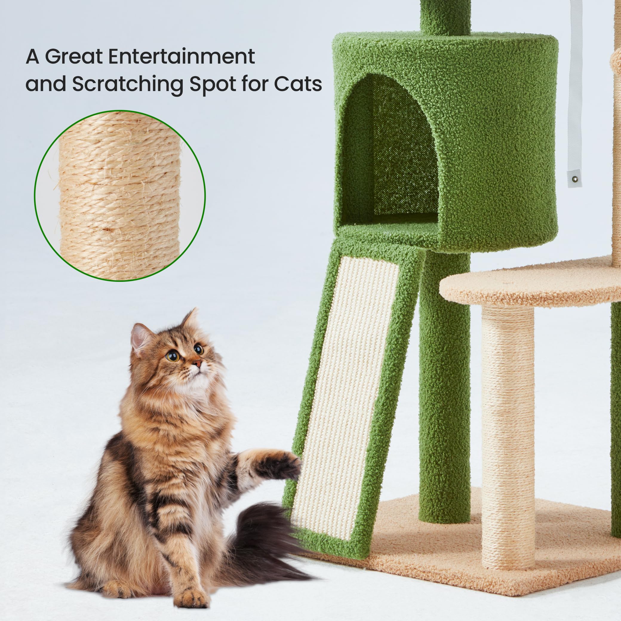 57in Cactus Cat Tree Tower with Scratching Post, Dangling Ball & Perch - Indoor Cat Condo for Kittens & Adult Cats - Perfect for Small Spaces & Cat Grooming Needs