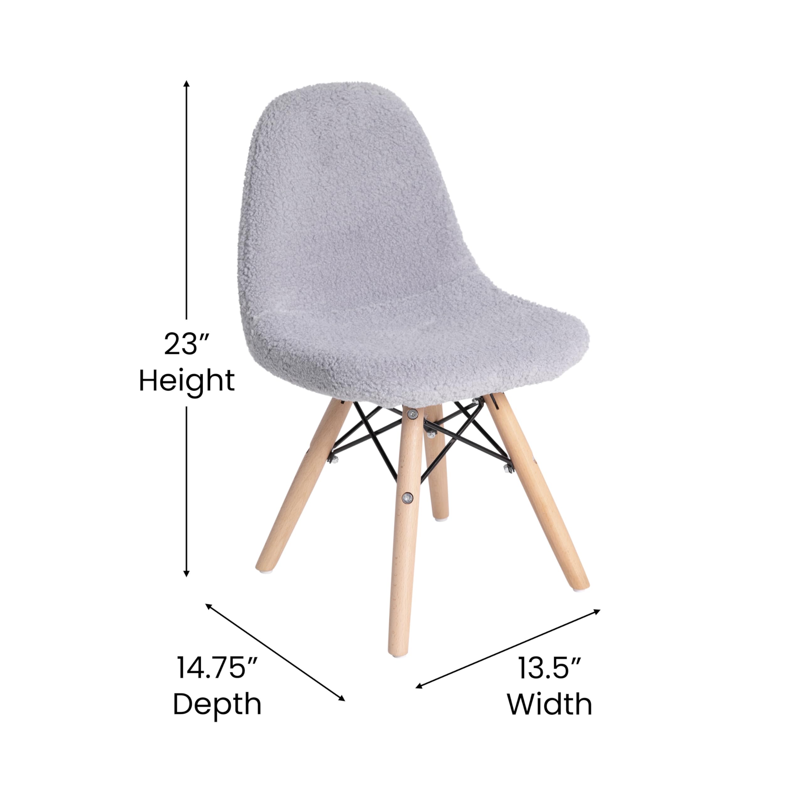 EMMA + OLIVER Set of 2 Kids Accent Chairs with Gray Faux Shearling Seat & Solid Wood Base - Easy 10-Minute Assembly - Perfect for Bedroom, Playroom or Reading Nook - Beechwood Legs Children's Side Chairs