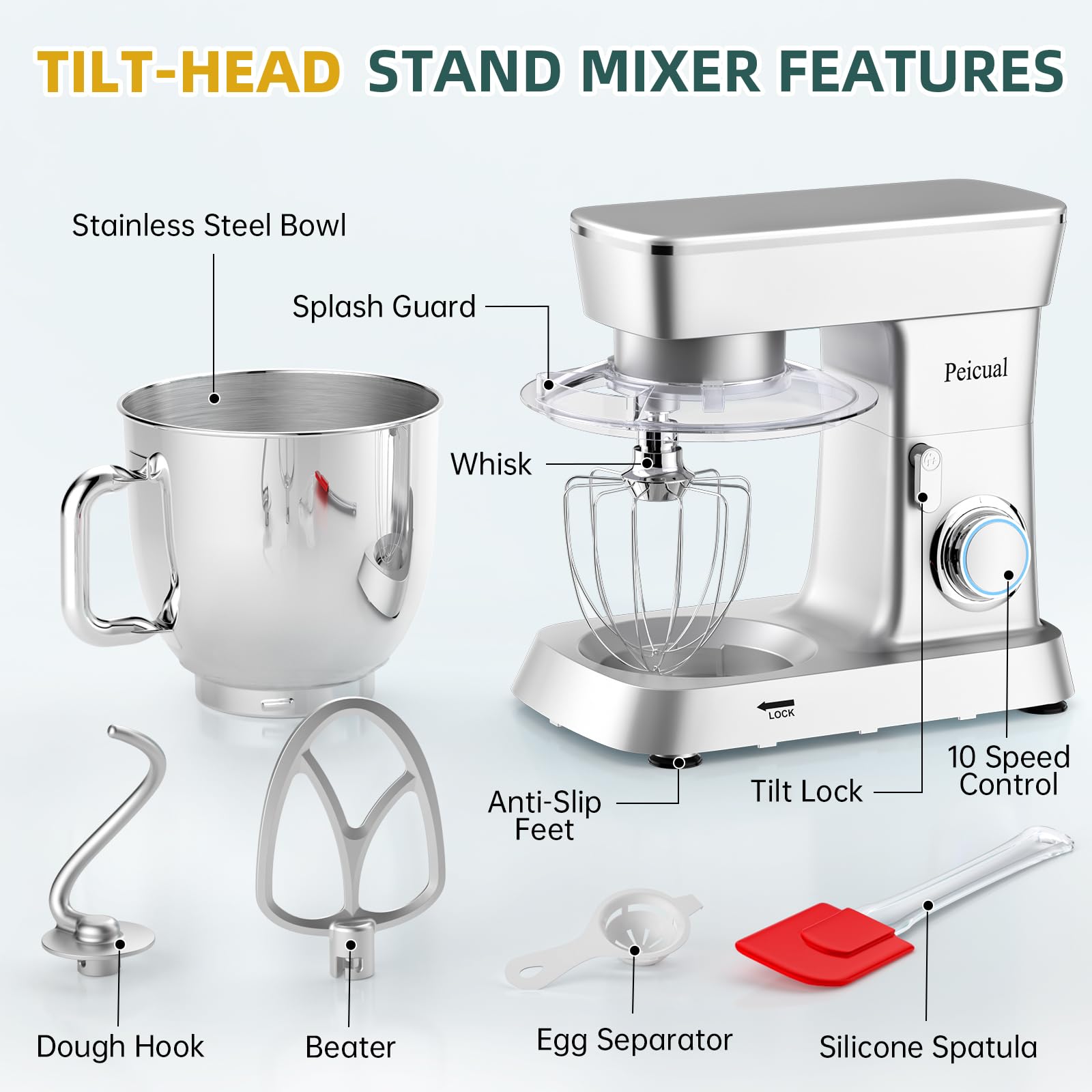 6QT 10-Speed Tilt-Head Stand Mixer - Powerful Kitchen Electric Mixer with Stainless Steel Bowl, Dough Hook, Flat Beater & Wire Whisk - Perfect for Baking Cakes, Cookies, Bread & More - Silver