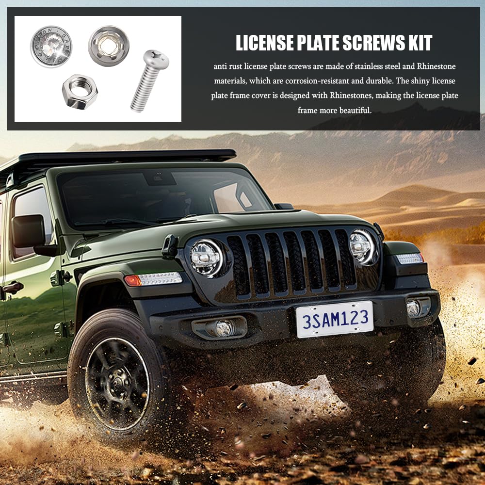 Deemars 4-Piece Stainless Steel License Plate Screw Kit with Rhinestone Caps & Anti-Theft Fasteners - Fits Cars, Trucks, SUVs & Motorcycles - Perfect for Vehicle Customization & Security