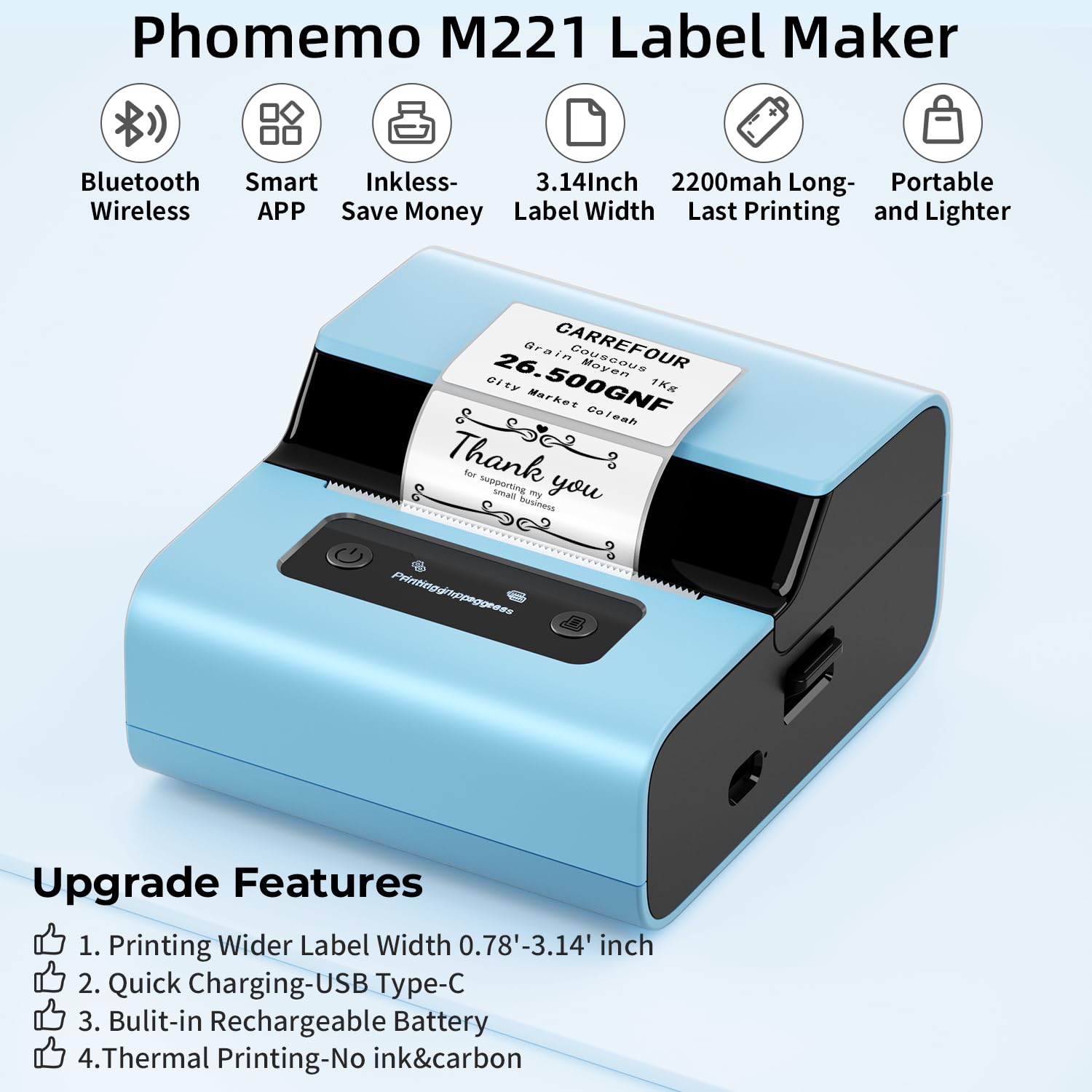 Phomemo M221 Bluetooth Label Printer - Portable Thermal Barcode Label Maker with Tape for Small Business, Clothing & Mailing | Compatible with Phone & PC (Blue) | Perfect for Home Organization, Retail Pricing & Shipping Labels
