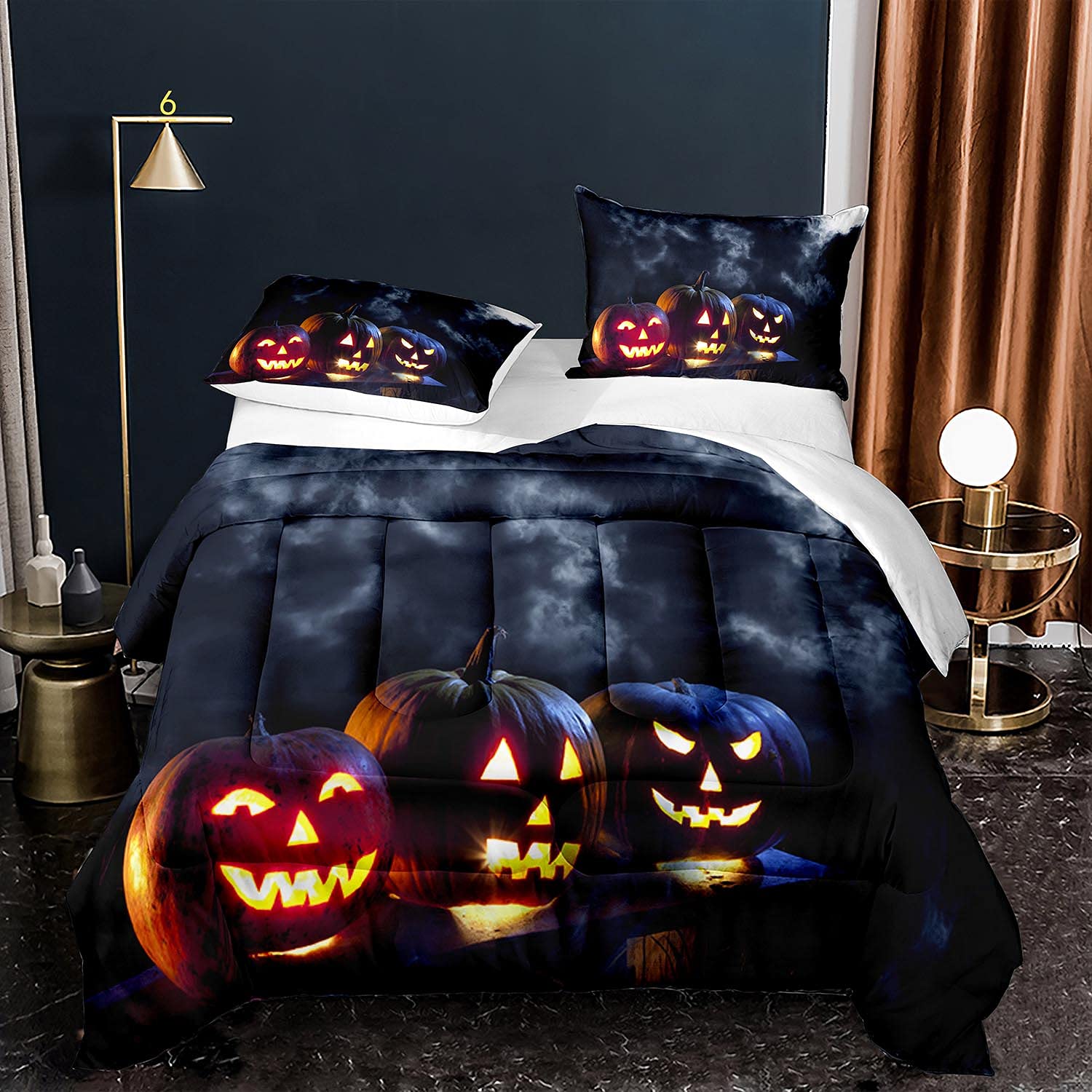 EDUMEYA Halloween Scary Pumpkin Lantern Twin Size Comforter Set - Eerie Weather Bedding for Boys & Kids (1 Comforter + 1 Pillowcase) - Perfect for Spooky Bedroom Decor & Halloween Party Themes