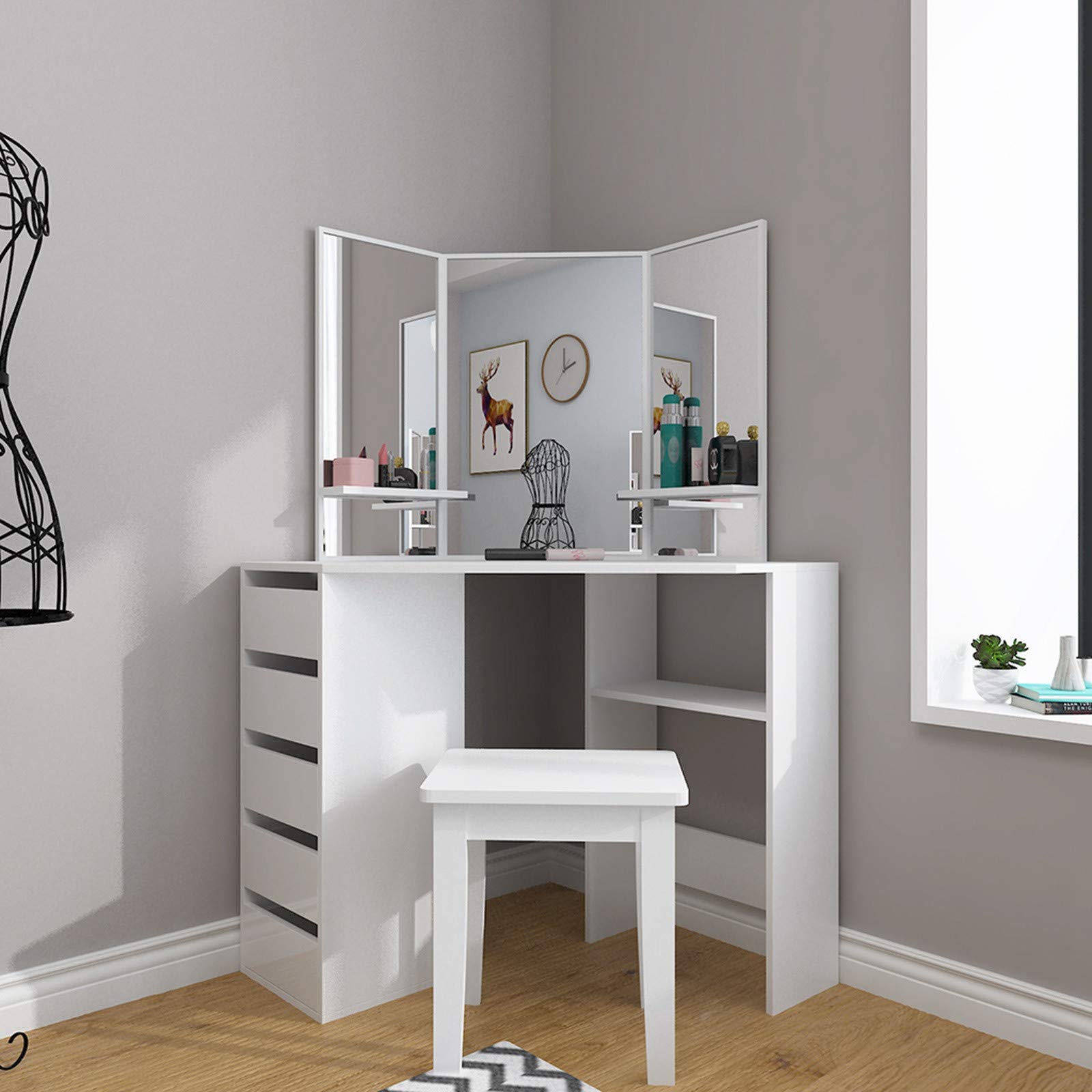 CRX Corner Makeup Vanity Set with Drawers & Stool - White Large Storage Dressing Table for Teen Girls Bedroom, Easy Assembly Vanity Desk with Mirror for Makeup & Skincare Routine