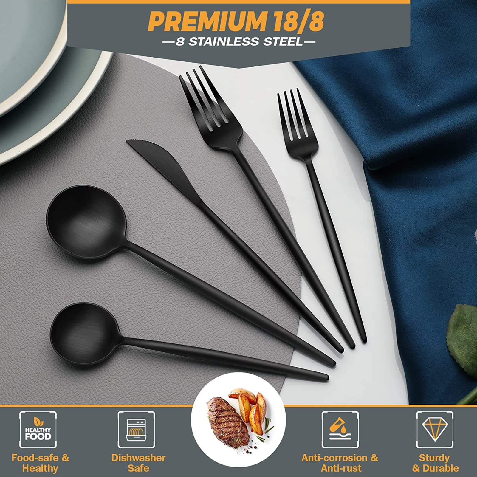 Premium 30-Piece Matte Black Silverware Set - 304 Stainless Steel Flatware Cutlery Set for 6 People - Elegant Kitchen & Dining Utensils - Perfect for Home, Restaurant, Camping & Travel - Dishwasher Safe Durable Cutlery Set