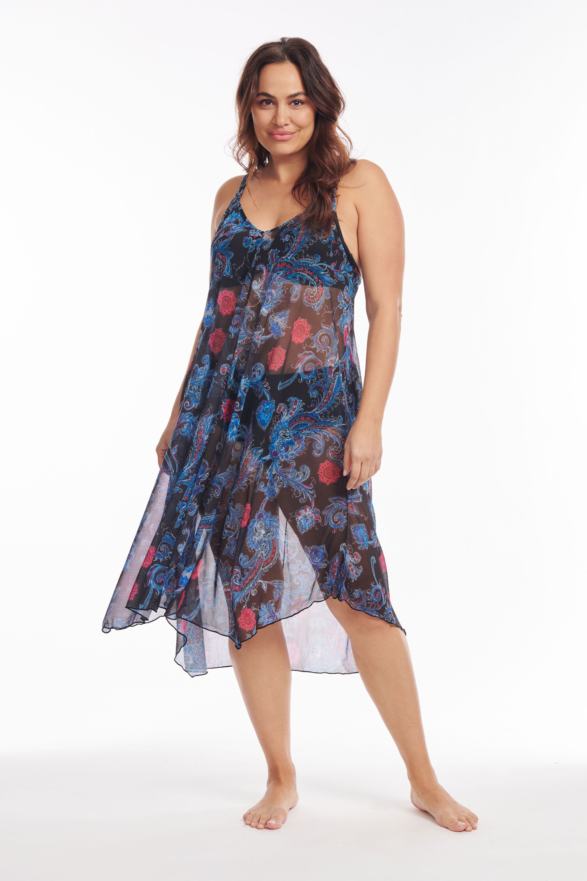 Plus Size Flowy Mesh Coverup Tank Dress - Linework Paisley Print Midi Dress for Women, Beach Cover Up, Pool Party, Summer Vacation Outfit