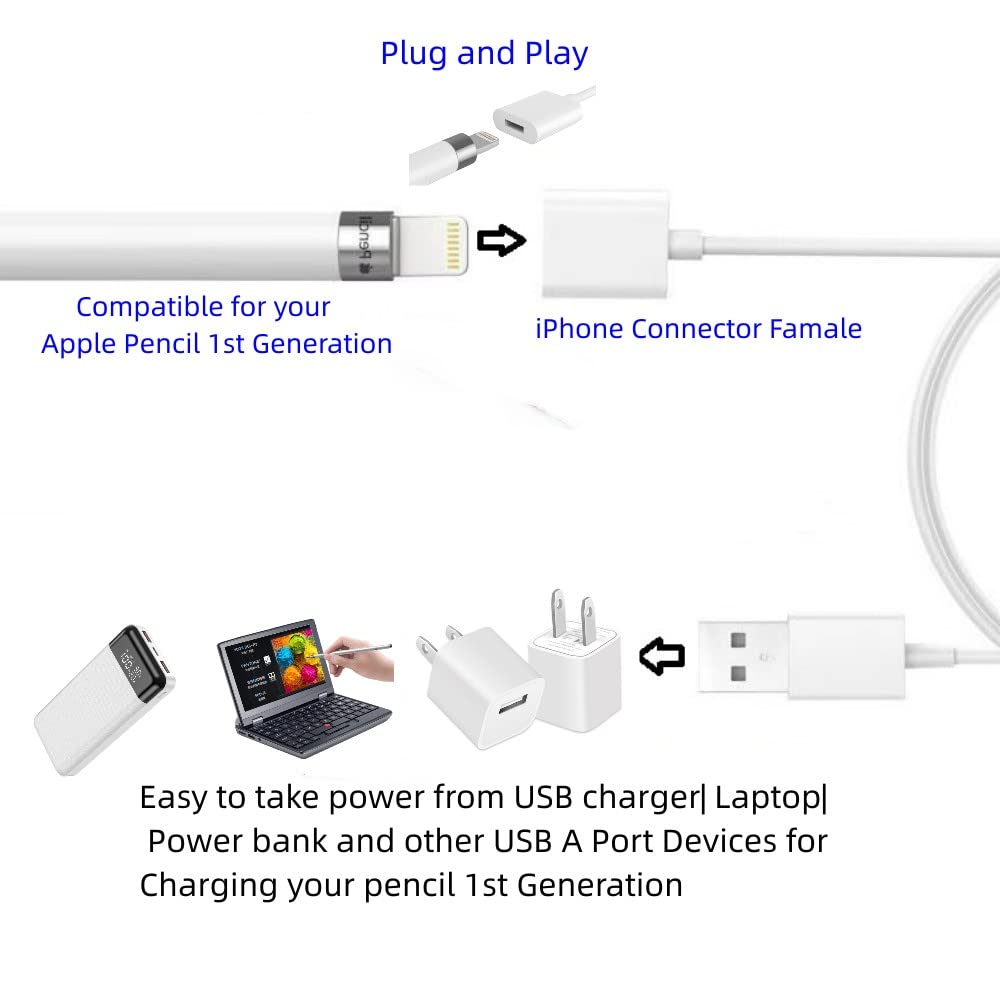 Apple Pencil Charging Adapter 1FT - Compatible with Apple Pencil 1st Generation, Charger Cable for iPad - Extend Battery Life & Protect Charging Port (1 Pack) - Perfect for Artists, Students & Professionals On-The-Go