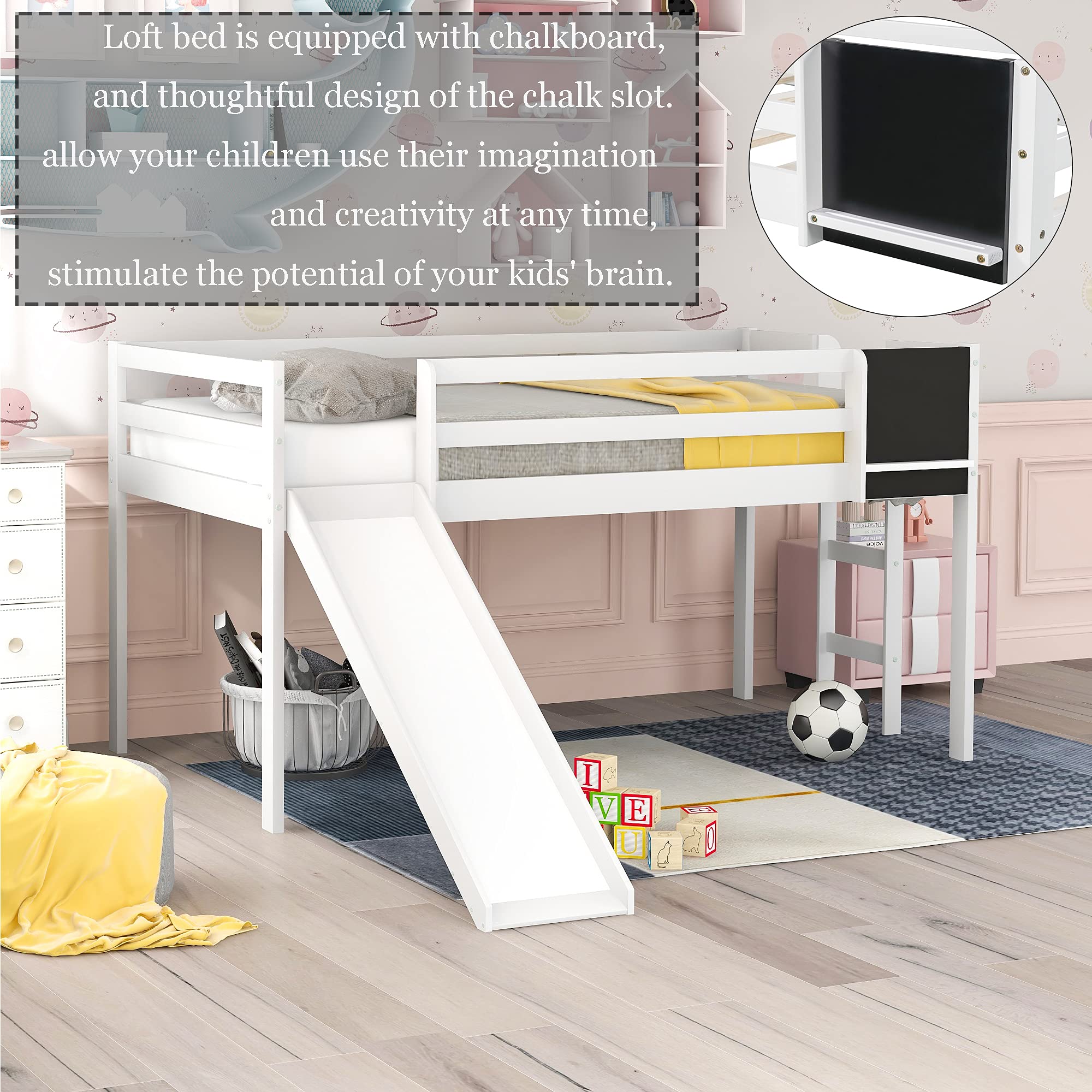 Twin Size Loft Bed with Slide - Kids Low Loft Bed Frame with Chalkboard & Storage - Wooden Loft Bed for Boys & Girls - Perfect for Small Bedrooms, Playrooms & Dorm Rooms (White)