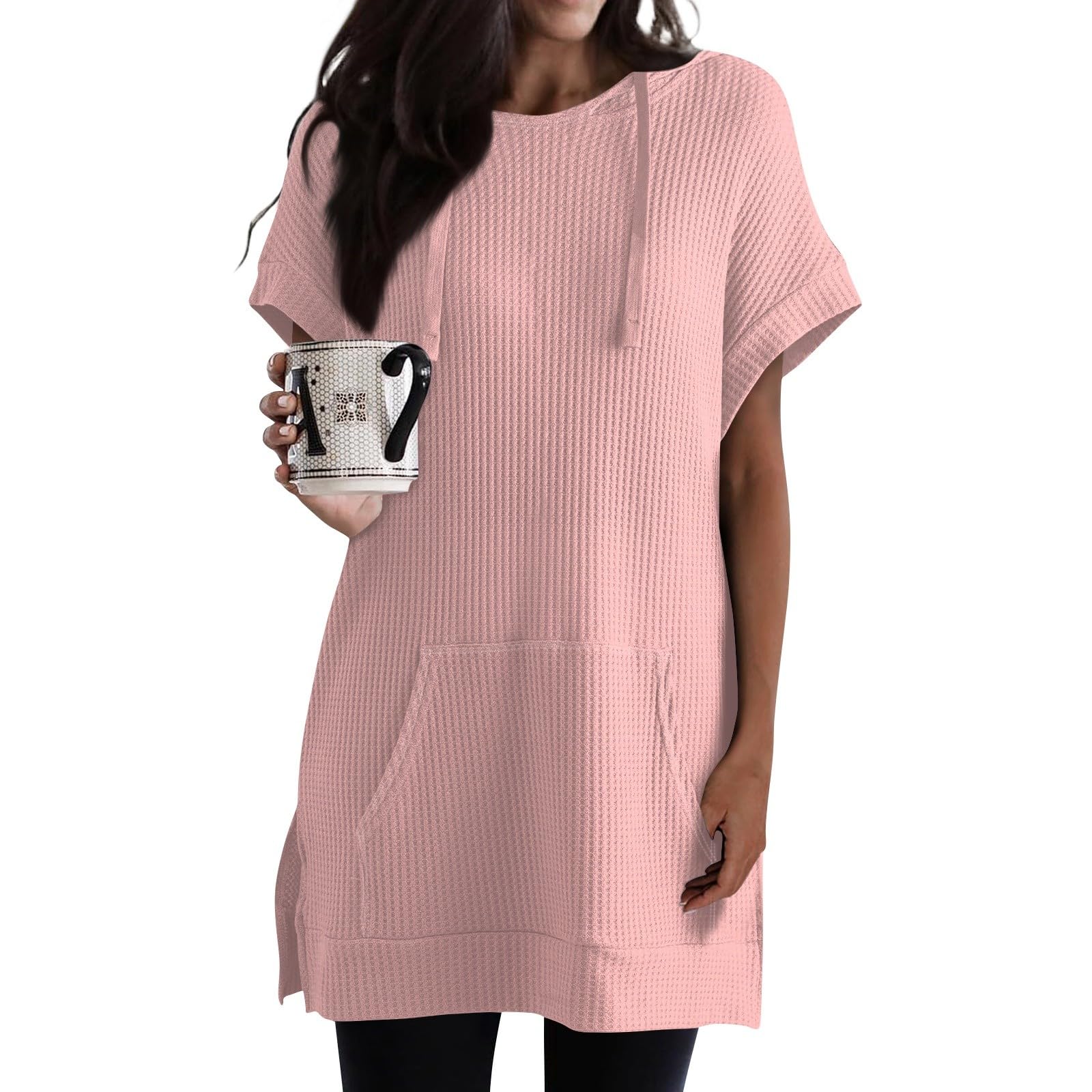 Women's Summer Waffle Knit Tunic Top - Casual Short Sleeve Oversized Shirt with Pockets for Leggings | Crewneck Hoodie Style | Perfect for Yoga, Lounge & Everyday Wear