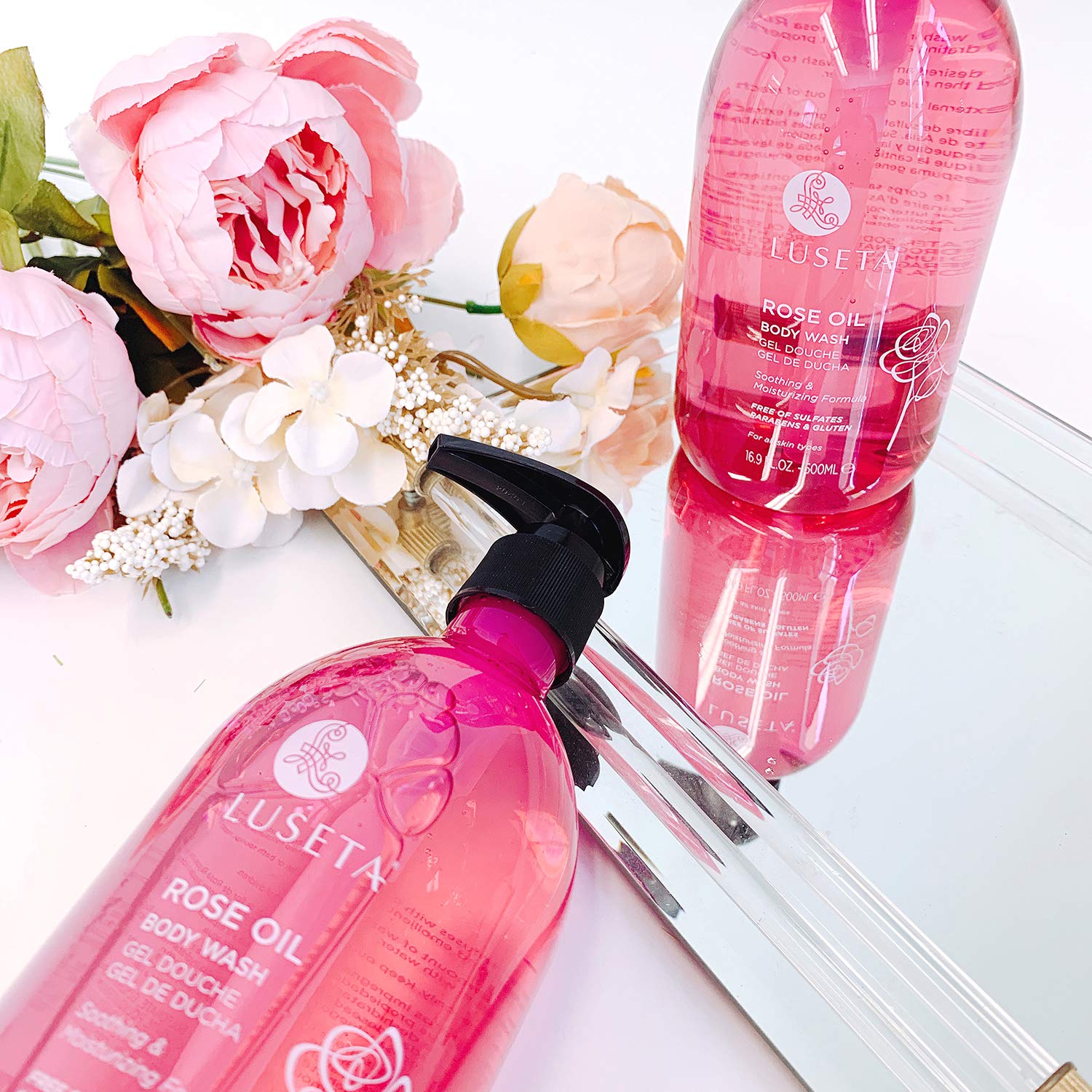 Luseta Rose Oil Body Wash for Dry Skin - 33.8oz Hydrating Shower Gel with Nourishing Essential Oils | Sulfate & Paraben Free | Moisturizing Body Wash for Women & Men | Perfect for Daily Shower Routine & Spa-Like Relaxation at Home
