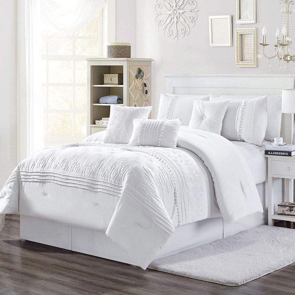 7-Piece Chenille Comforter Set Cal King - Pleated Embroidered Luxury Bedding with Soft Textured Fabric for Cozy Comfort | Perfect for Master Bedroom, Guest Room & Home Decor