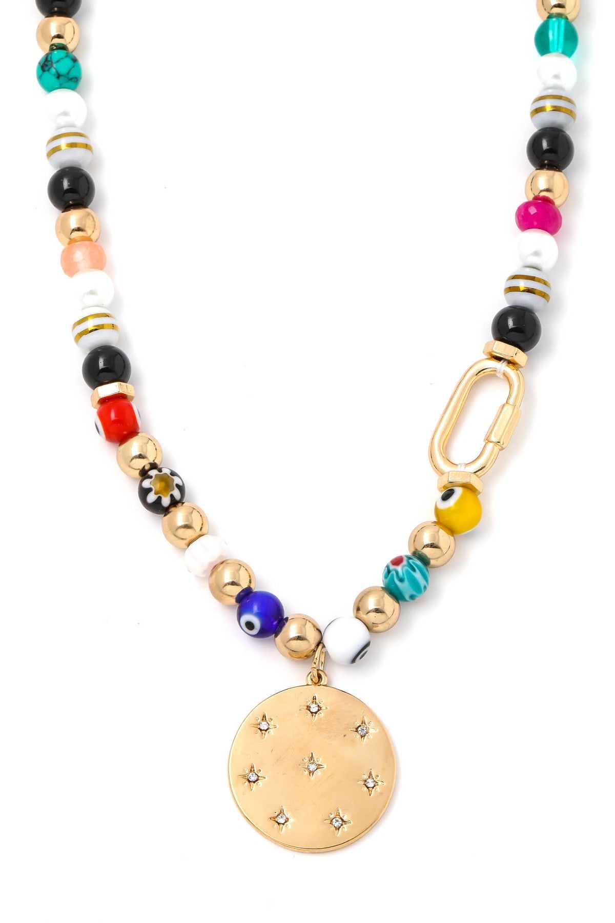 FMN117 Big Bead Necklace with Gold Coin Pendant - Elegant Statement Jewelry for Women, Perfect for Parties, Weddings and Everyday Wear