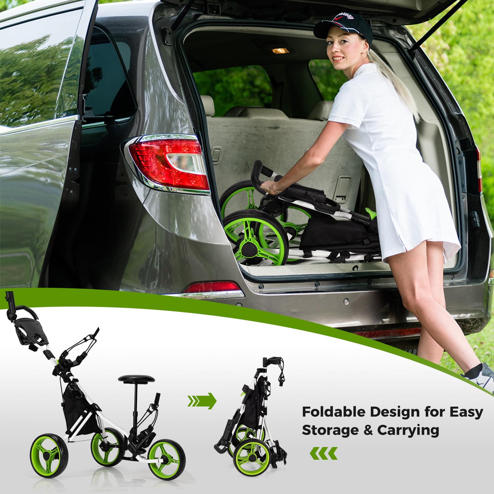 ULTIMATE 3 Wheel Golf Push Pull Cart - Foldable Lightweight Golf Bag Trolley with Adjustable Seat & Handle | Scorecard Holder, Umbrella Holder, Cup Holder, Storage Bag & Foot Brake | Perfect for Golf Course, Driving Range & Outdoor Practice