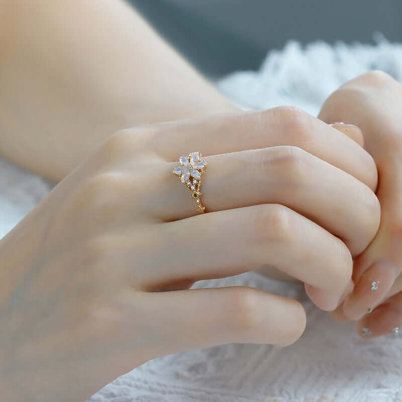 Romantic Moonstone Flower Ring in Gold – Elegant Jewelry for Women | Perfect for Weddings, Anniversaries & Special Occasions | TB2406