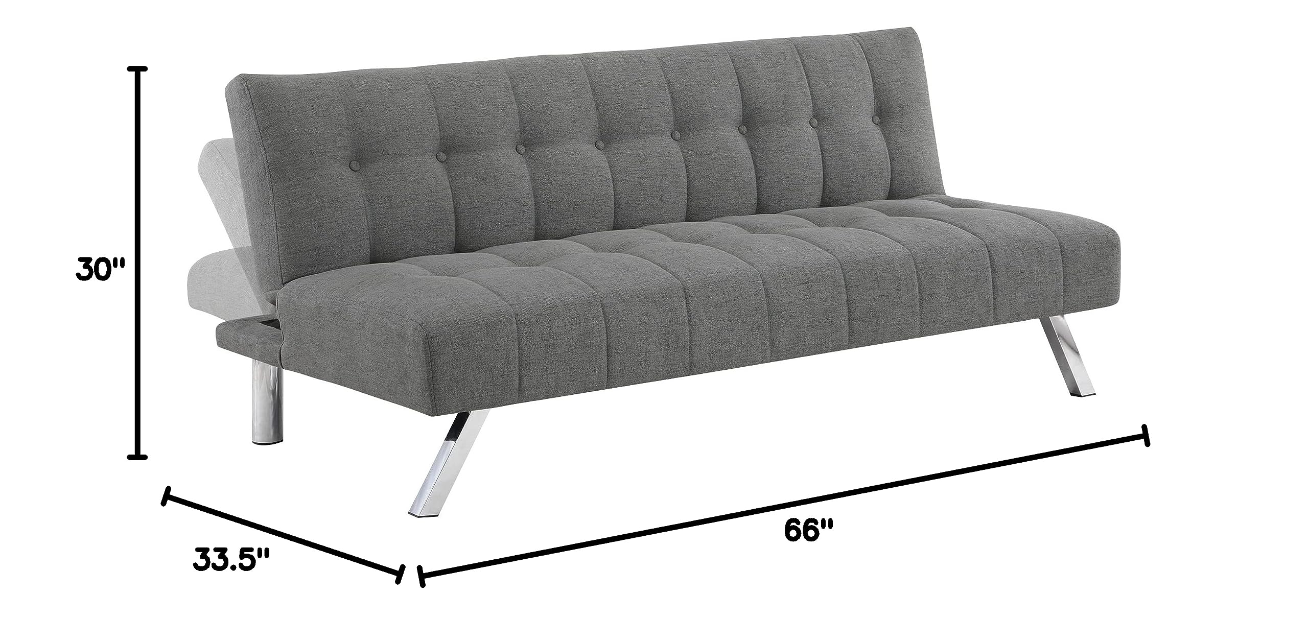 OSP Sawyer Convertible Futon Sofa Bed with Easy Lift Mechanism & Stainless Steel Legs - Grey Fabric for Living Room, Guest Room & Small Spaces