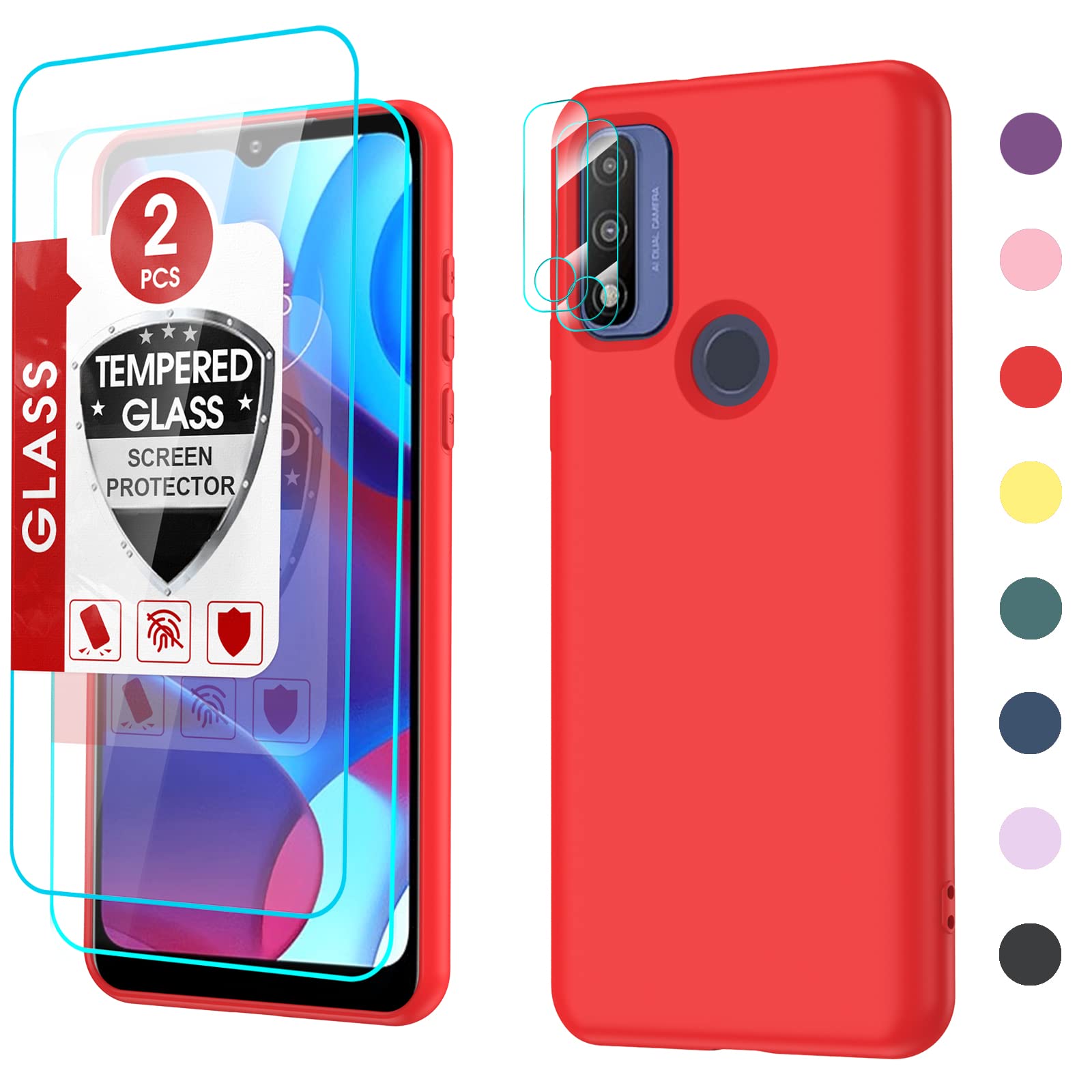 Premium Liquid Silicone Phone Case for Moto G Pure (2021) - Slim Protective Cover with [2-Pack] Tempered Glass Screen Protector & Camera Lens Protector - Ultra Soft Shockproof Case in Red | Perfect for Everyday Use, Travel Protection & Gift Giving
