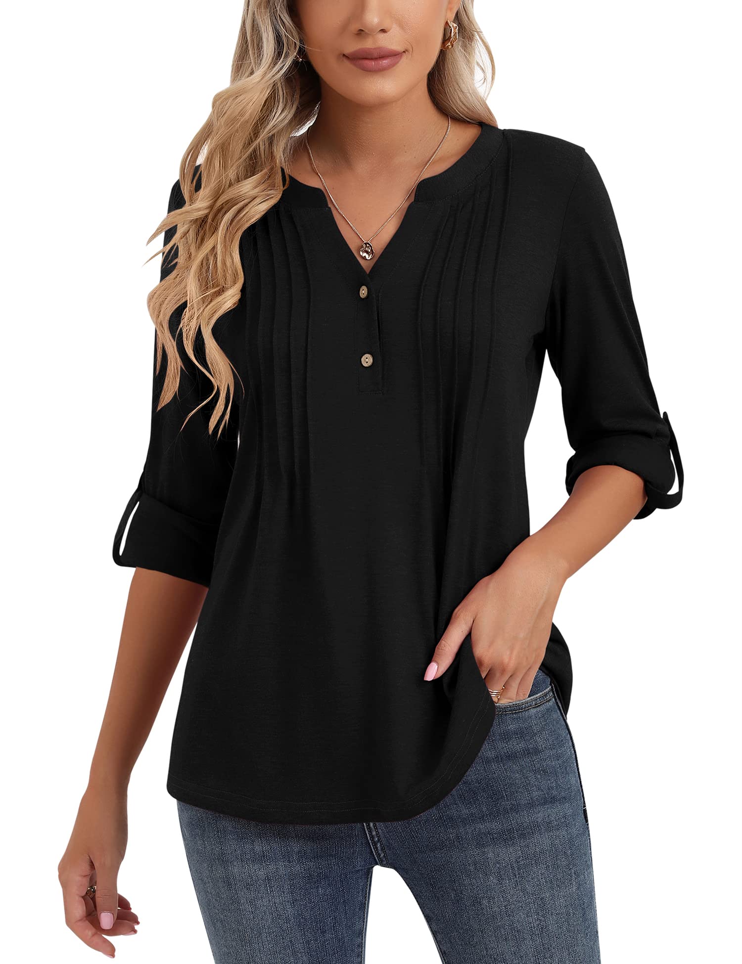 Bashafo Women's 3/4 Sleeve V-Neck Henley Blouse - Loose Fit Button-Up Tunic Top for Casual & Dressy Occasions | Perfect for Office, Date Night & Weekend Outings