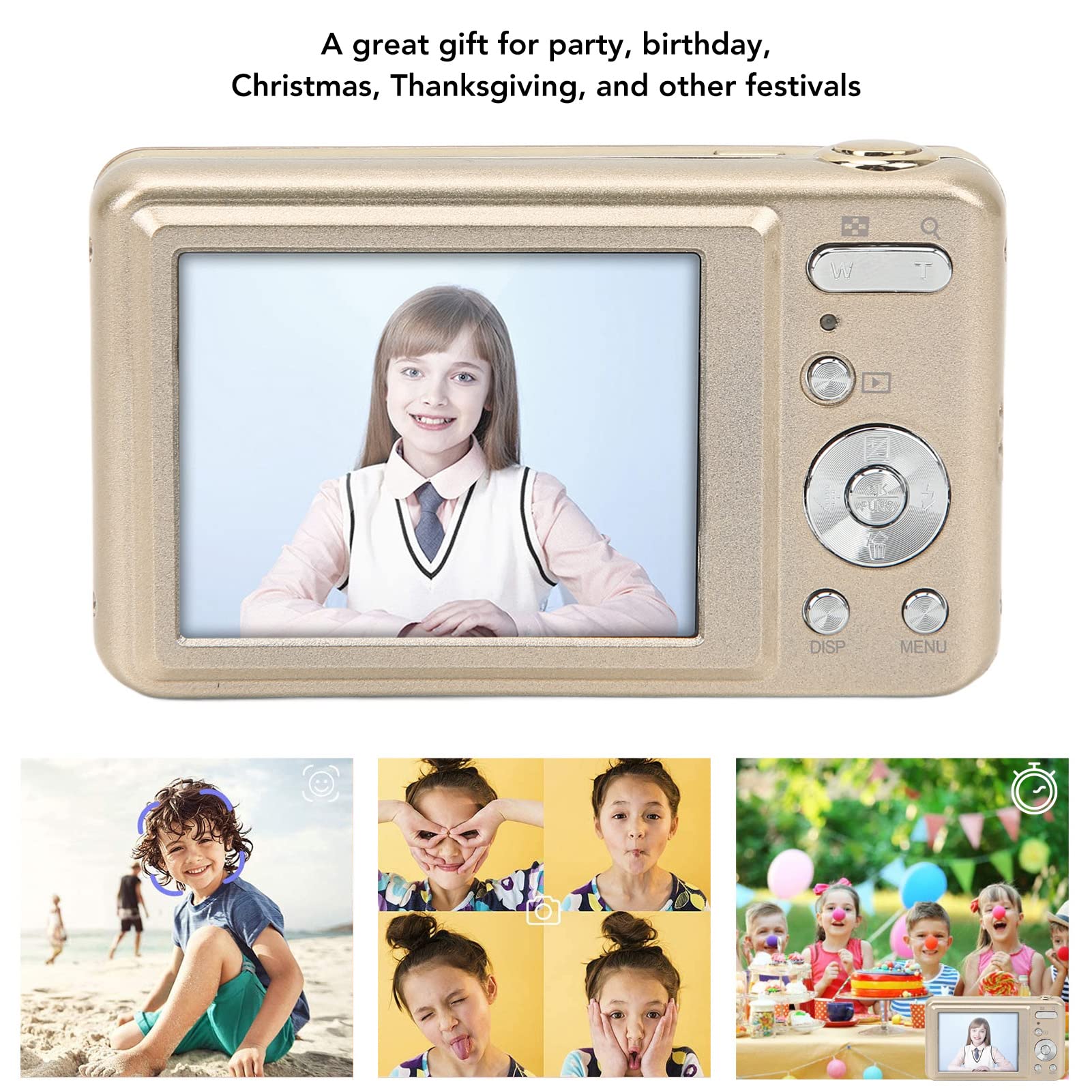 MUNEFE 2.7in LCD Digital Camera with Anti-Shake | Portable Pocket Camera for Kids & Beginners | Perfect for Travel, Birthday Gifts & Photography Learning (Gold)