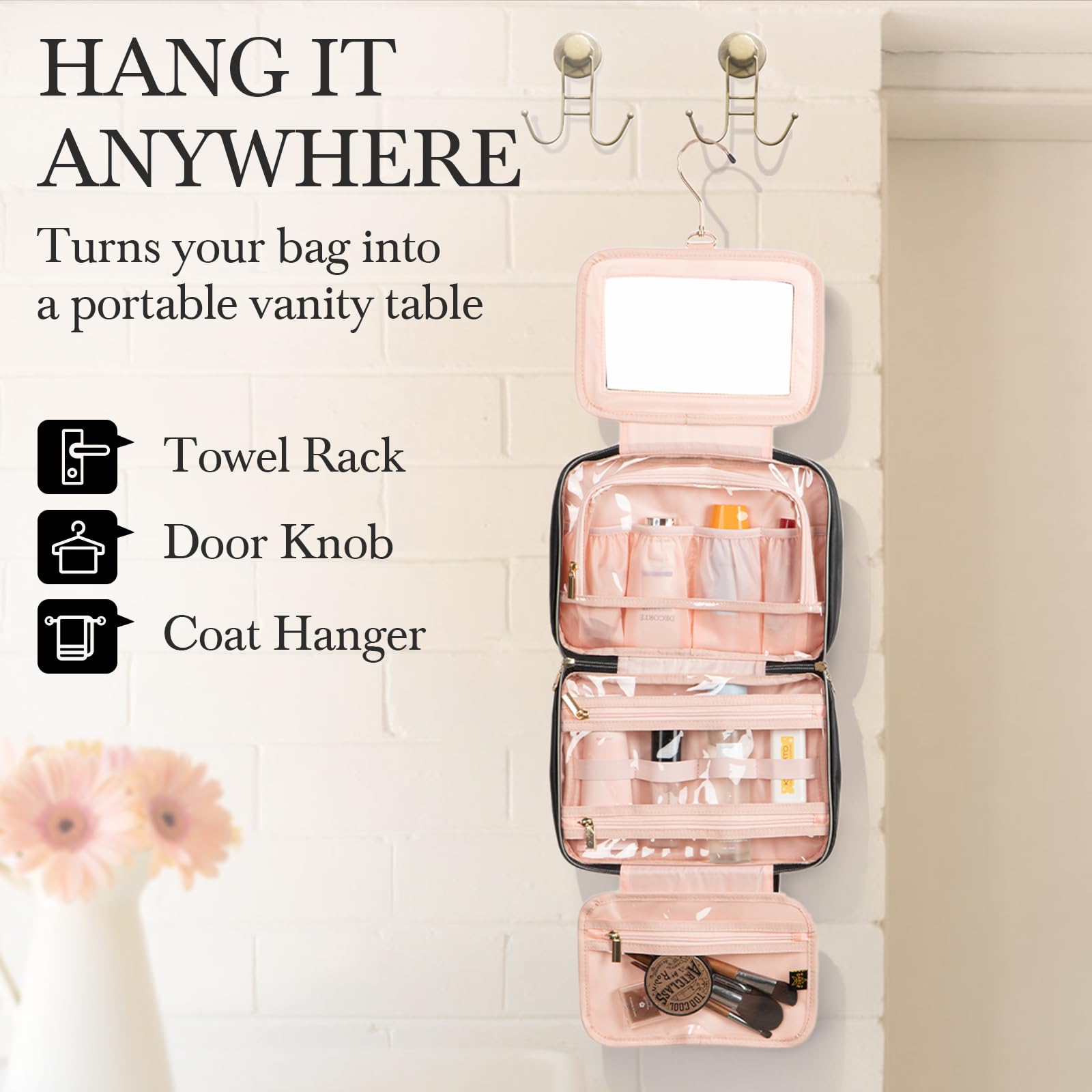 Waterproof Hanging Travel Toiletry Bag with Mirror - Large Cosmetic Organizer for Women & Men - Perfect for Toiletries, Makeup, Jewelry Storage - Ideal for Airplane, Camping, Business Trips & Vacation Essentials