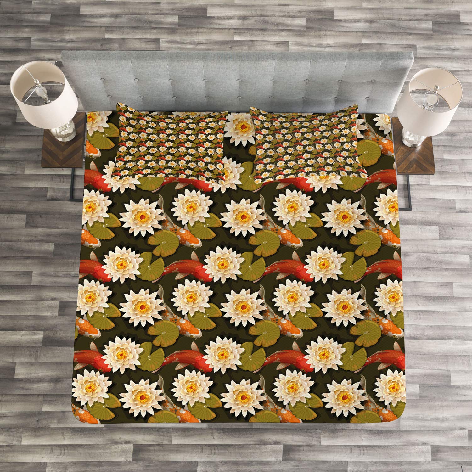 Ambesonne Japanese Koi Fish & Lotus Flower Bedspread Set - 3 Piece King Size Bedding with 2 Pillow Shams, Burnt Sienna Orange - Asian Inspired Home Decor for Bedroom, Living Room, or Guest Room