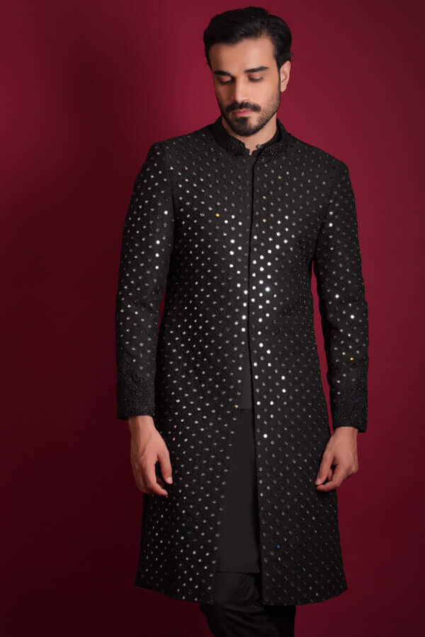 Stylish Jet Black Mirror Work Sherwani for Men - Elegant Indian Wedding & Festive Attire - Perfect for Grooms, Parties & Cultural Events