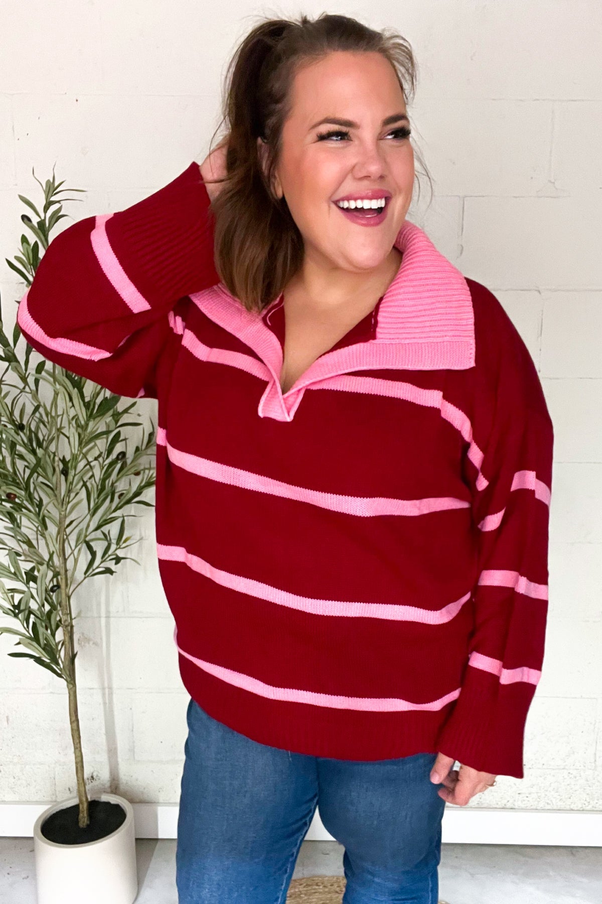 Fall For You Crimson Stripe Notched Neck Collared Oversized Sweater - Women's Cozy Knit Pullover for Autumn & Winter | Perfect for Casual Outfits, Date Nights & Holiday Gatherings