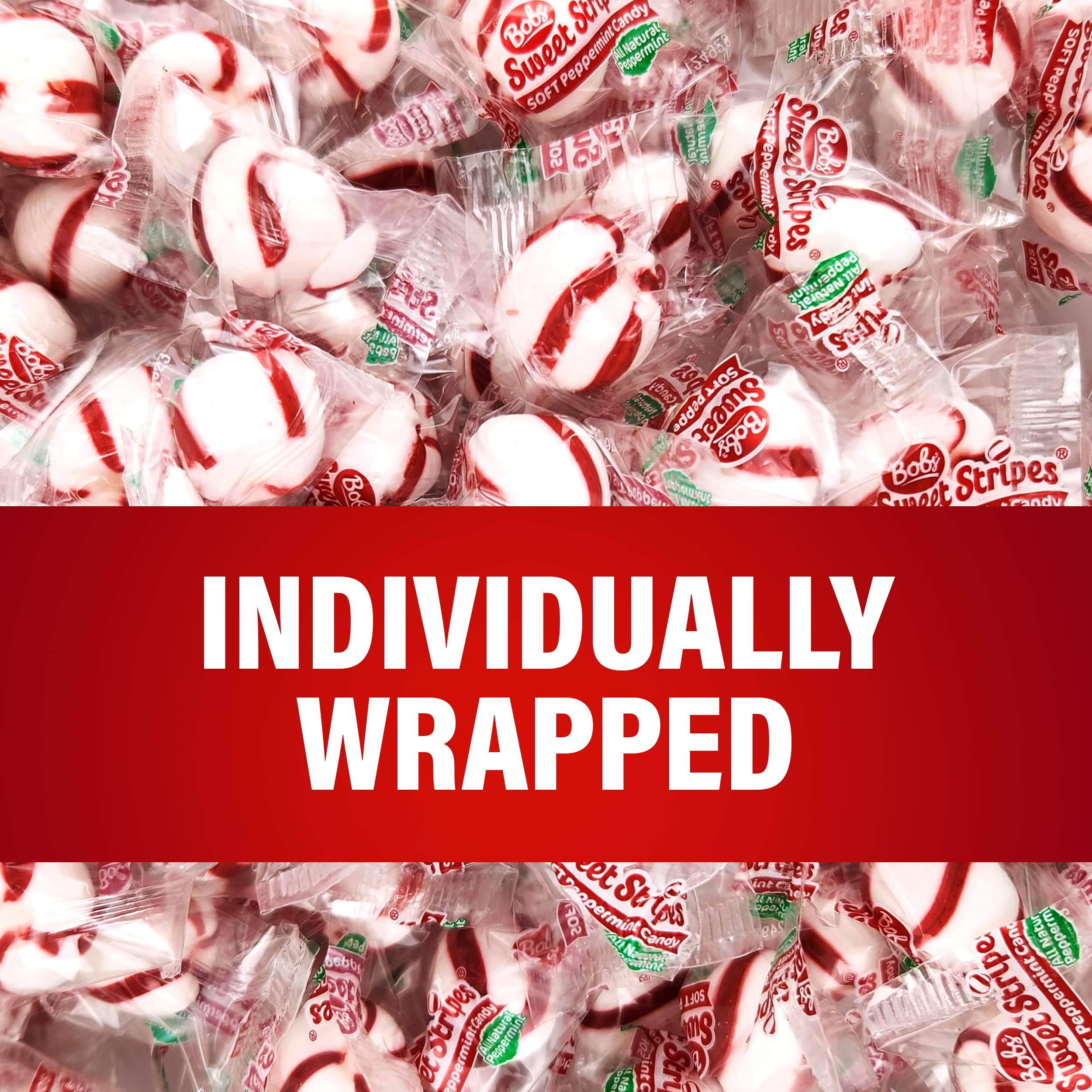 BobsSweet Stripes Soft Peppermint Candy - 1.8 Pound Individually Wrapped Mint Candies | Christmas Holiday Treats, Office Snacks & Party Favors