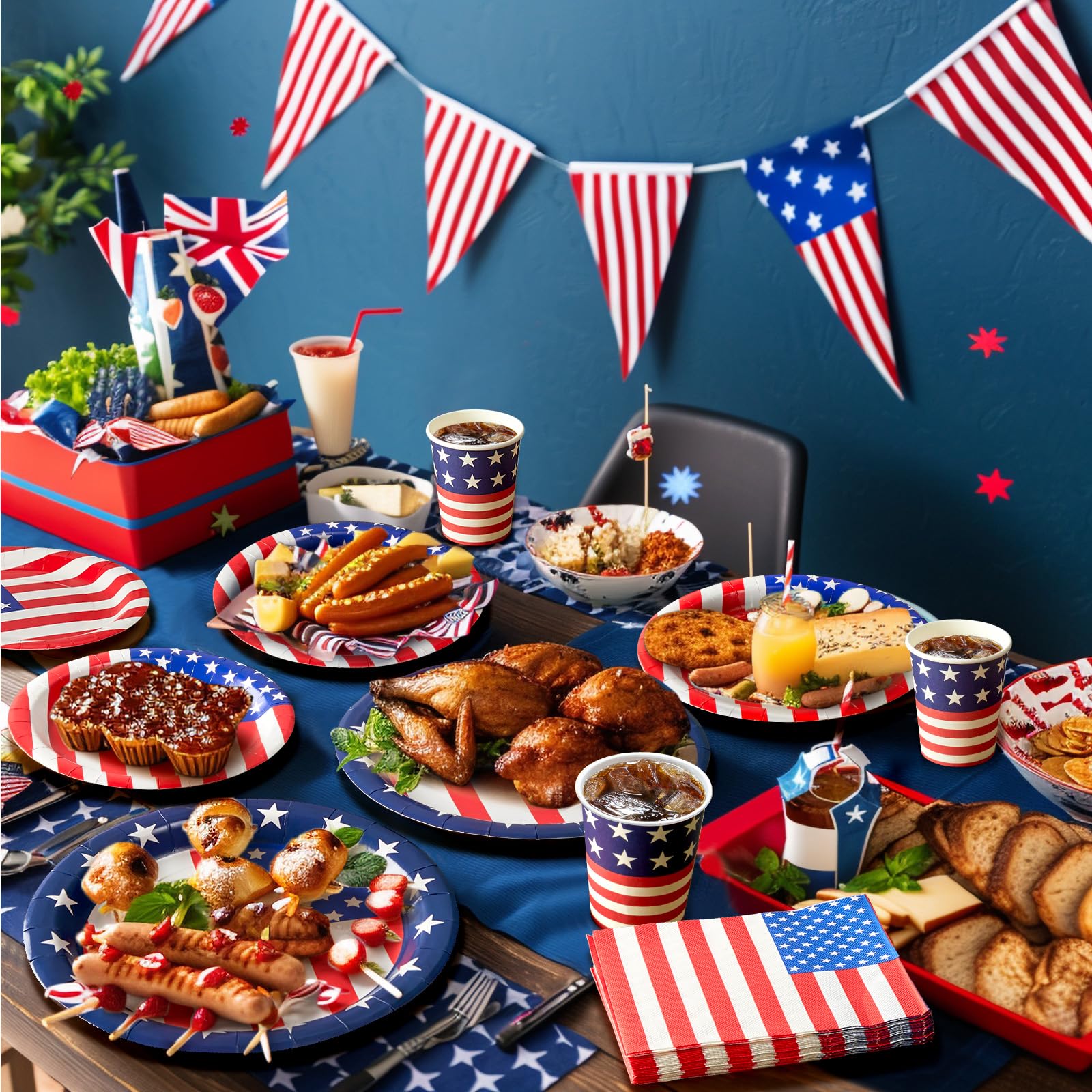 96Pcs Patriotic Paper Plates & Napkins Set - American Flag Themed Disposable Party Supplies for 4th of July, Veterans Day, Memorial Day & Election Decorations - Perfect for BBQ, Picnic, Backyard Parties & Patriotic Celebrations