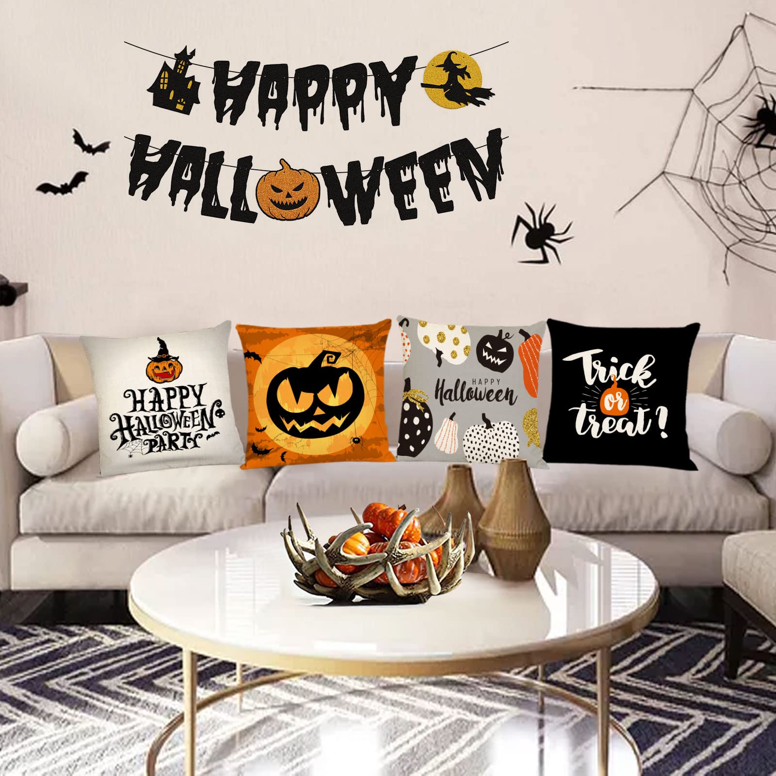 Spooky Halloween Throw Pillow Covers Set of 4 - 20x20 Inch Decorative Fall Pillowcases with Scary Pumpkin & Bat Designs for Sofa, Couch, Bed - Perfect for Indoor & Outdoor Halloween Decorations, Party, Haunted House Theme
