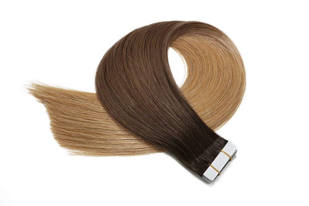 20 Pieces Tape in Hair Extensions 14 Inch 50g - Ombre Brown Highlights Human Hair - Invisible Seamless Extensions for Volume & Length - Perfect for Weddings, Parties & Daily Styling