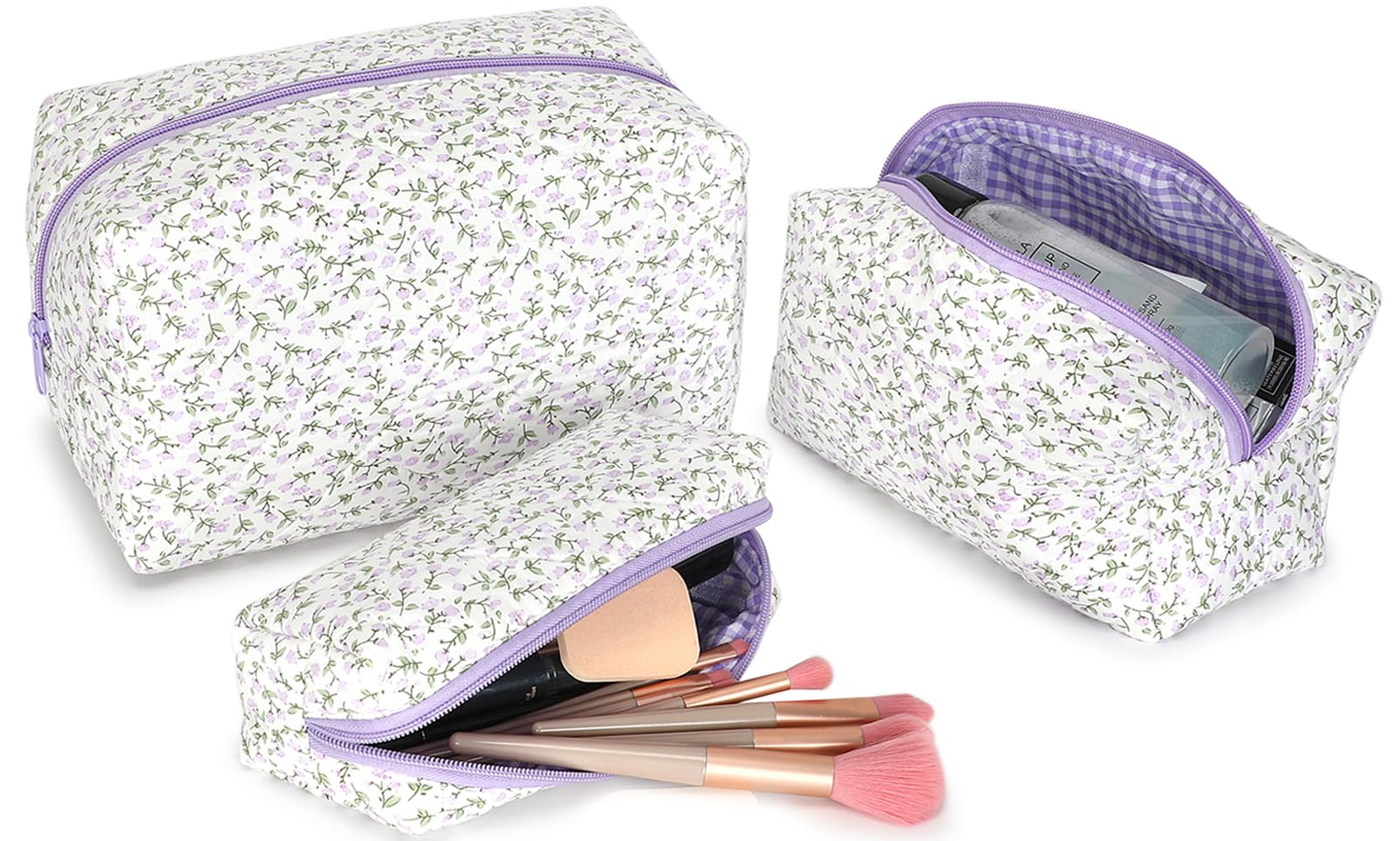 3 PCS Quilted Floral Makeup Bags for Women - Large Cotton Cosmetic & Toiletry Travel Organizer Set - Cute Coquette Design (Purple Floral) - Perfect for Travel, Gym, and Everyday Essentials Storage