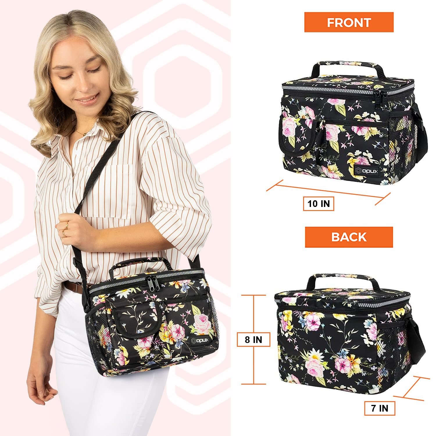 OPUX Insulated Lunch Bag for Men & Women - Leakproof Floral Black Lunch Box for Work, School & Travel - Portable Soft Cooler Bag with Shoulder Strap - Holds 14 Cans/8L - Perfect for Office, Picnics & Outdoor Activities