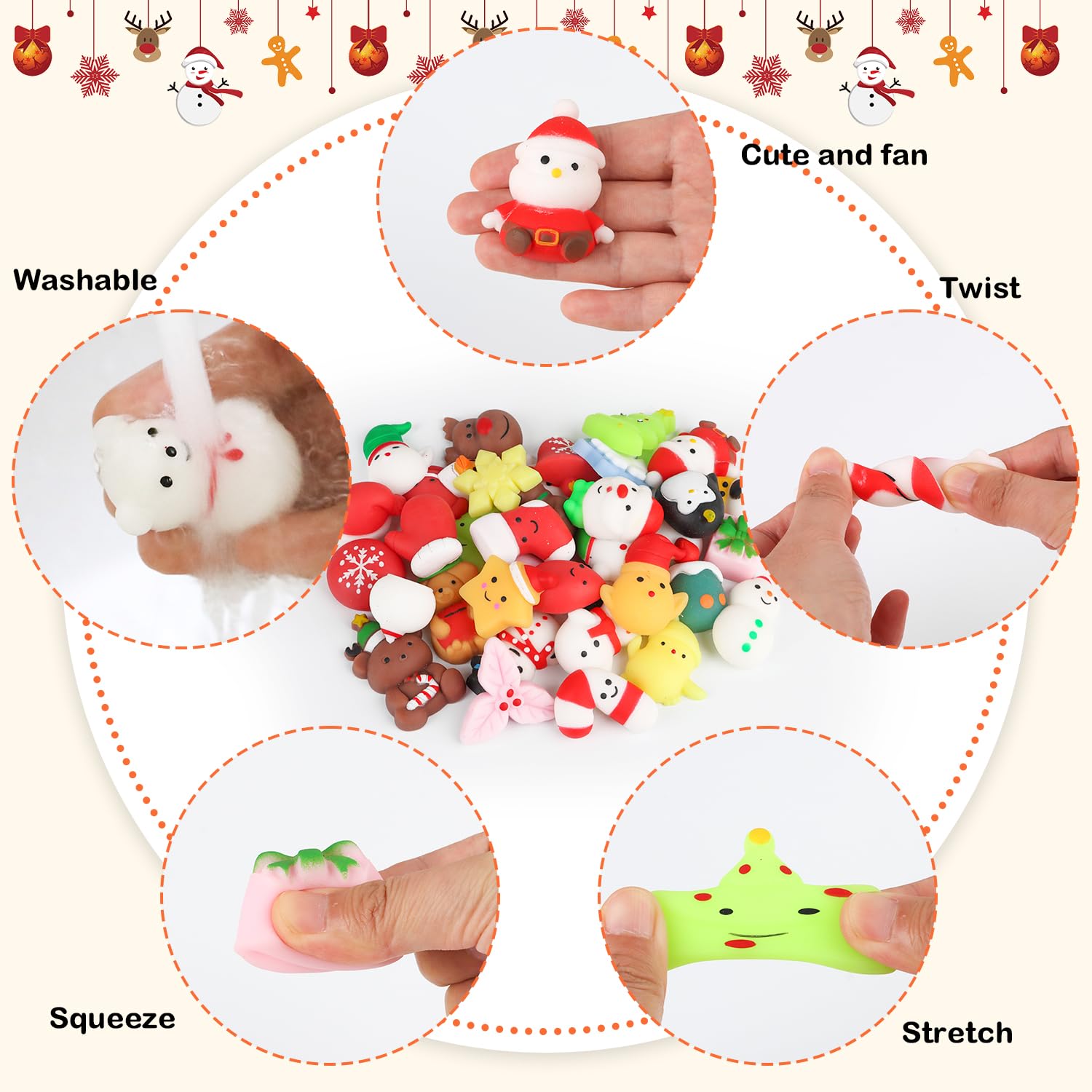 36 PCS Christmas Mochi Squishy Toys - Xmas Stress Relief Anxiety Toys for Kids, Party Favors, Stocking Stuffers & Gifts (Perfect for Holiday Parties, Classroom Rewards & Sensory Play)