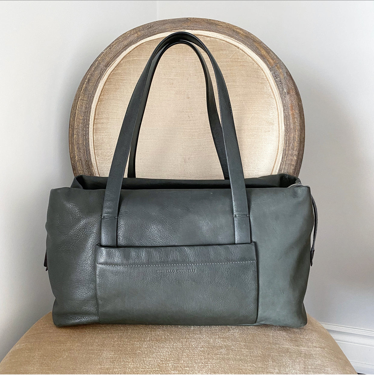 Brunello Cucinelli Premium Dark Green Leather Duffle Bag for Men - Stylish Travel & Gym Carry-On Luggage with Double Handles