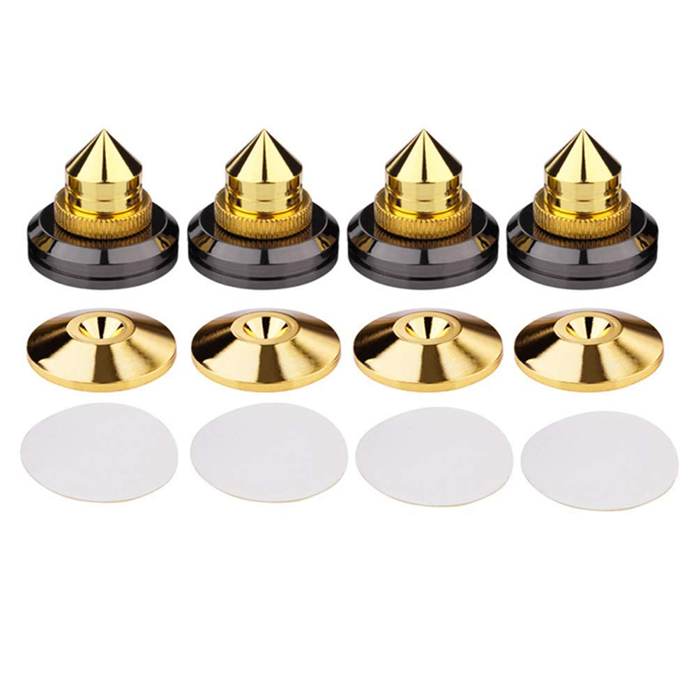 GCDN 4-Piece Speaker Isolation Spikes with Base Pads & Adhesive Tape - HiFi Audio Speaker Stands for Amplifiers & Subwoofers - Shock Absorption & Vibration Dampening for Home Theater & Studio Sound Systems