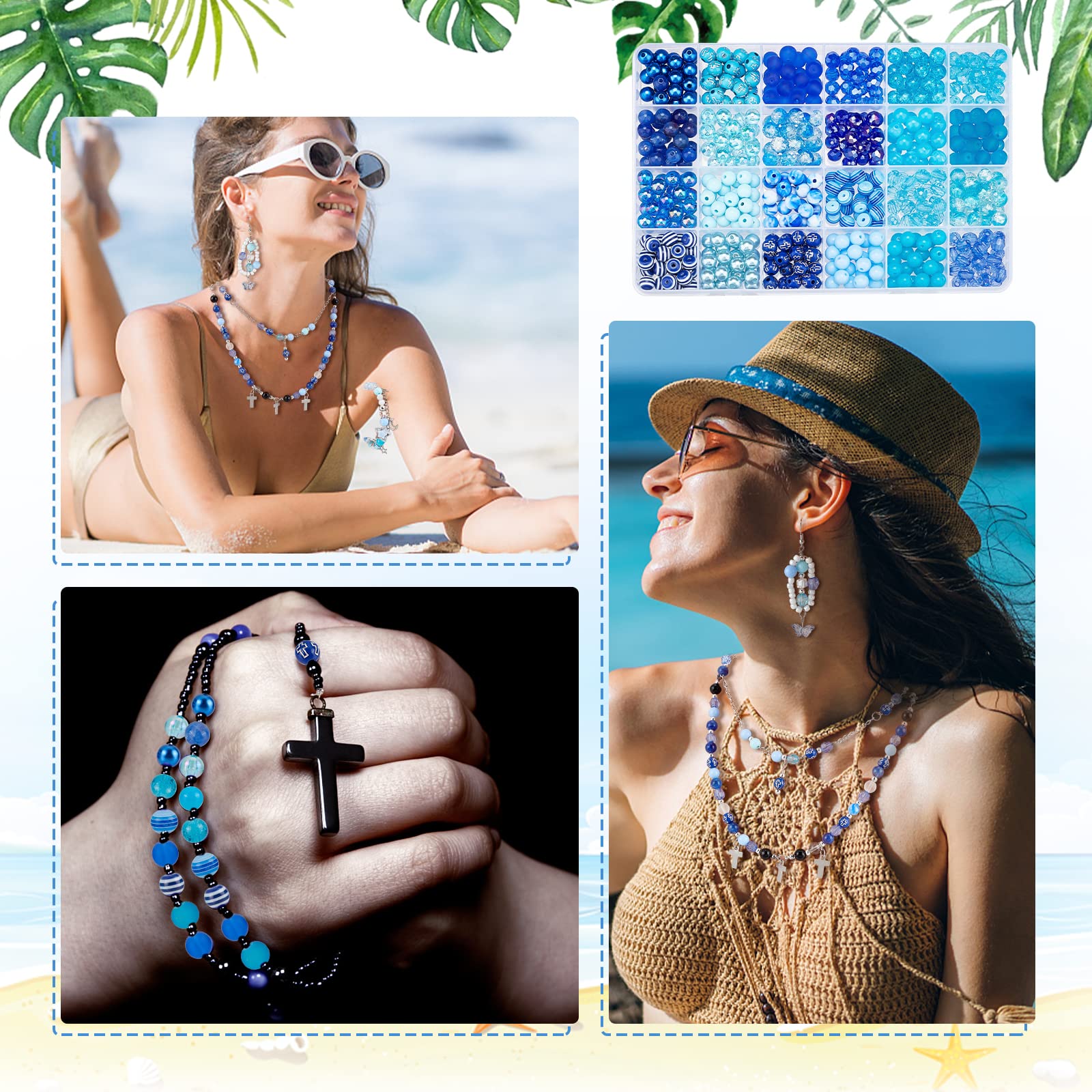600pcs 8mm Blue Acrylic Glass Beads - 24 Styles Striped Pearl Sea Beads for Jewelry Making, DIY Bracelets, Necklaces, Earrings & Keychains | Perfect for Summer Boho Crafts & Gifts