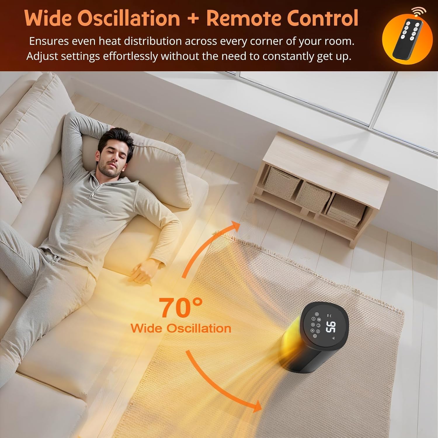 Portable Space Heater 1500W with Adjustable Thermostat & Remote Control - 70° Oscillation, 4 Heating Modes, 1-12H Timer - PTC Ceramic Electric Heater for Office, Bedroom, Large Room - Perfect for Winter Home & Office Warming
