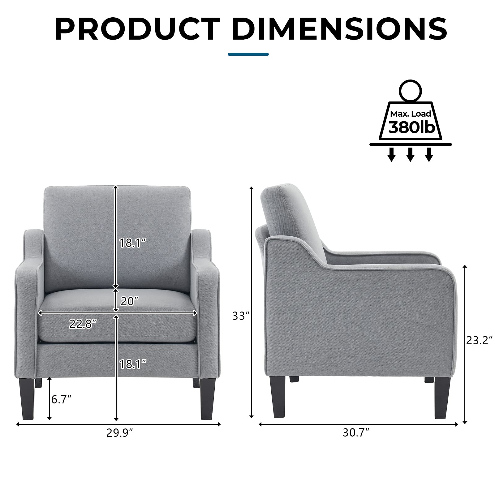 VINGLI Mid Century Modern Accent Chair - Grey Upholstered Armchair for Living Room, Bedroom & Small Spaces - Comfy Reading Chair & Sofa Chair - Perfect for Relaxing, Reading & Home Decor