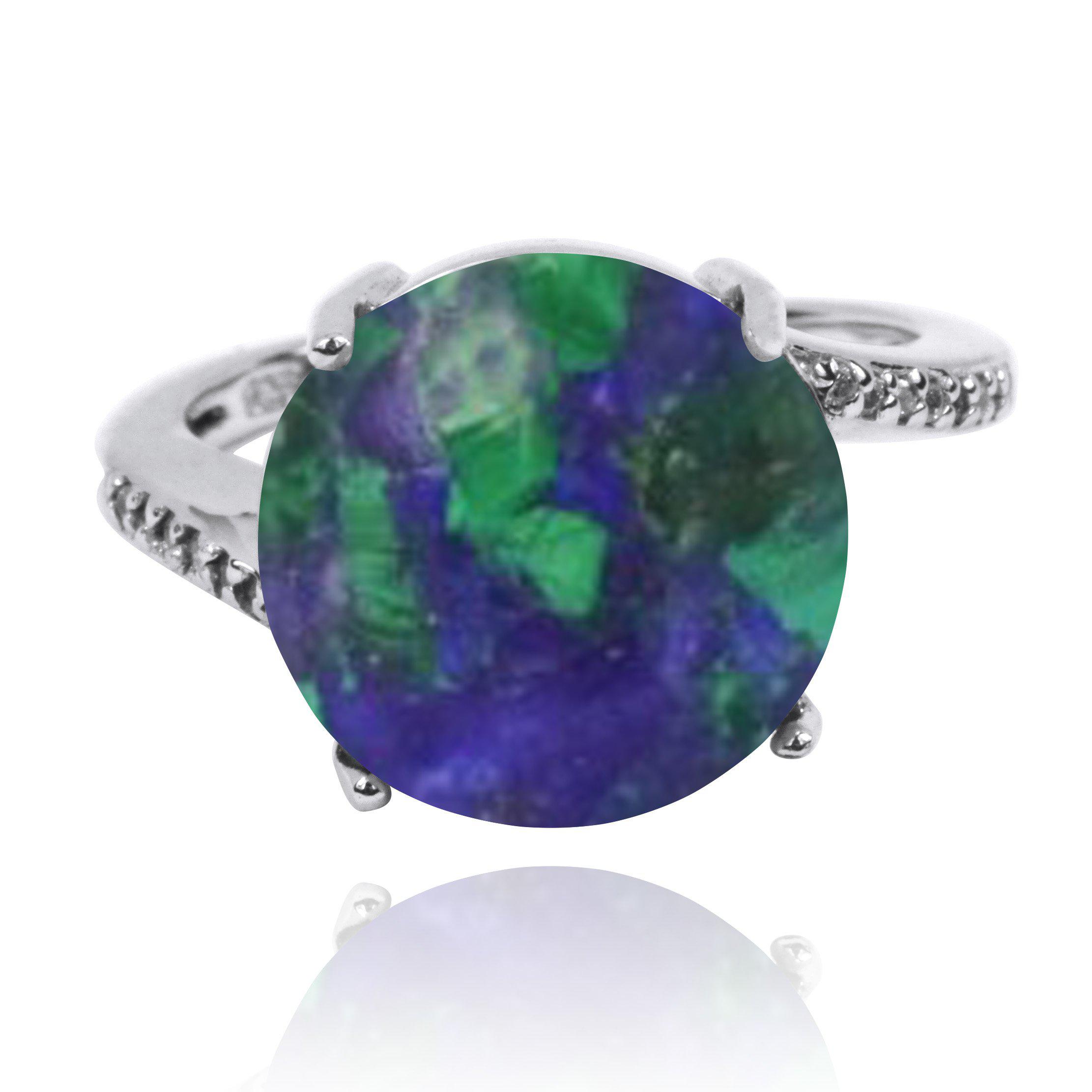 Azurite Malachite Gemstone Ring with 14 Round White Cubic Zirconia Stones - Elegant Handmade Jewelry for Women, Perfect for Weddings, Anniversaries & Special Occasions