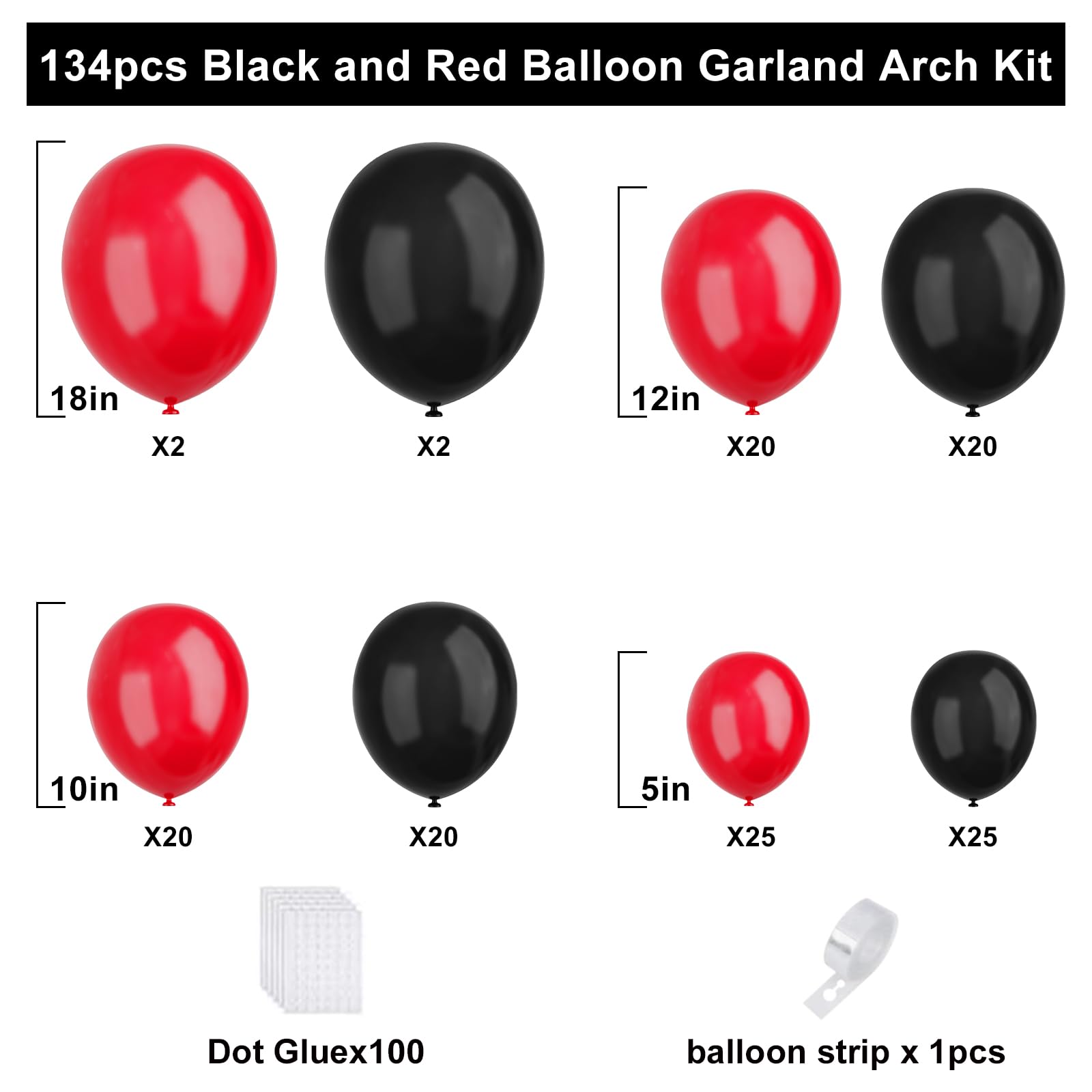 Red and Black Balloons Garland Arch Kit - 134pcs Graduation Birthday Party Decorations with Various Sizes - Perfect for Anniversary, BBQ, Casino Night, New Year Celebrations & Special Events
