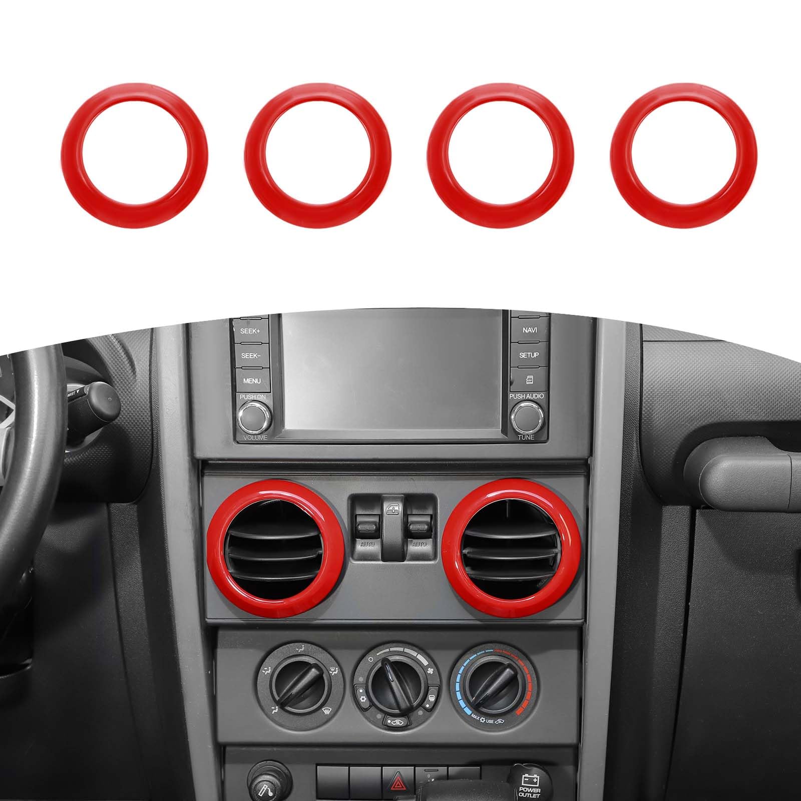 Red RT-TCZ AC Vent Cover Trim Rings for Jeep Wrangler JK & JKU (2007-2010) - Interior Accessories Set of 4pcs - Perfect for Customizing & Protecting Your Jeep's Air Vents