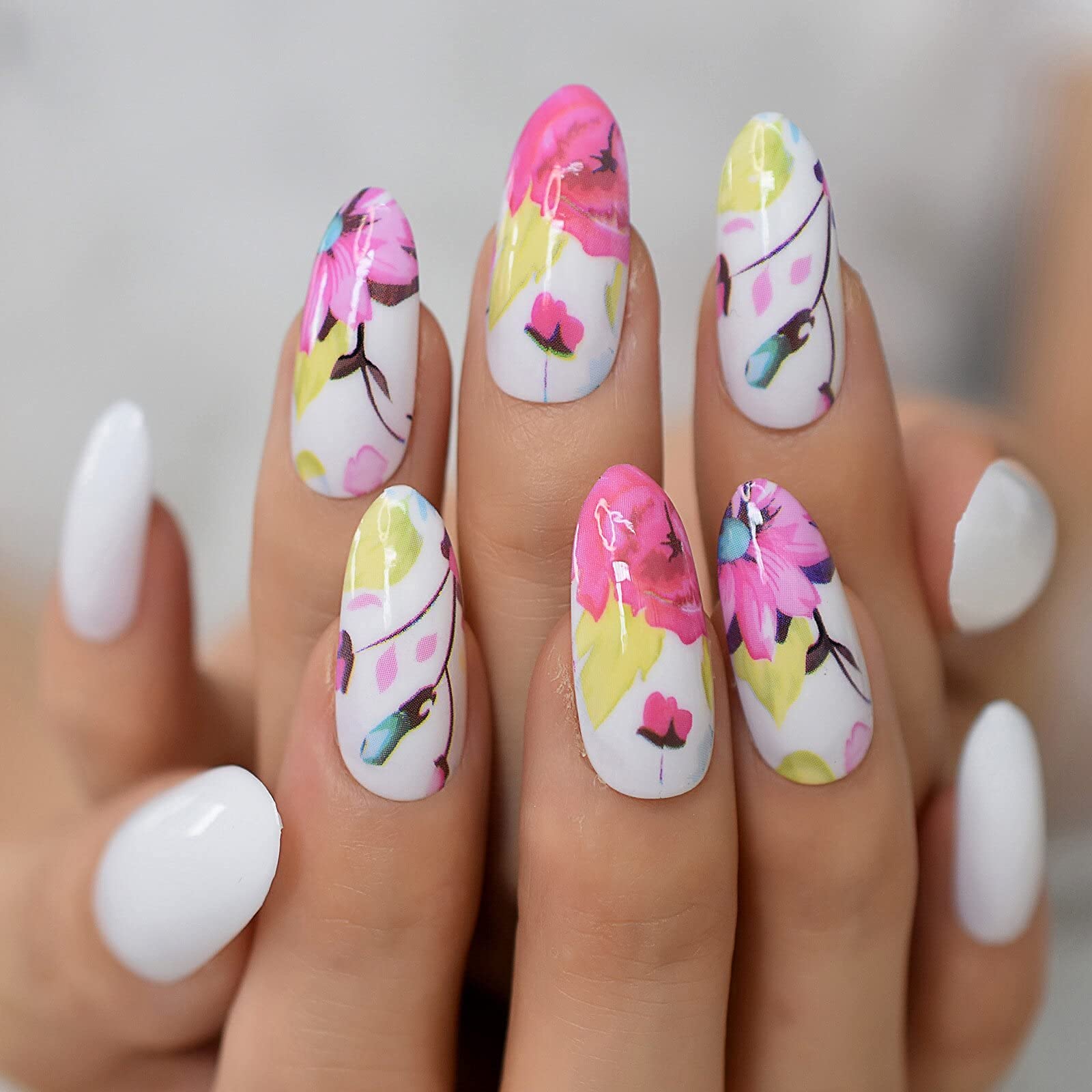Blossom Flower Press On Fake Nails - Long & Medium Length Oval Artificial Nails with Porcelain White Painting Design | Perfect for Parties, Weddings, and Special Occasions