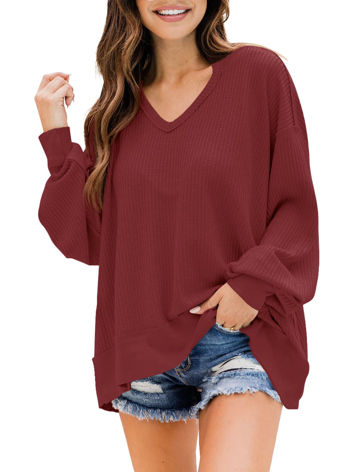 SENSERISE Women's V-Neck Waffle Knit Long Sleeve Pullover Sweater - Oversized Casual Top for Fall & Winter | Perfect for Layering, Office Wear & Cozy Outfits